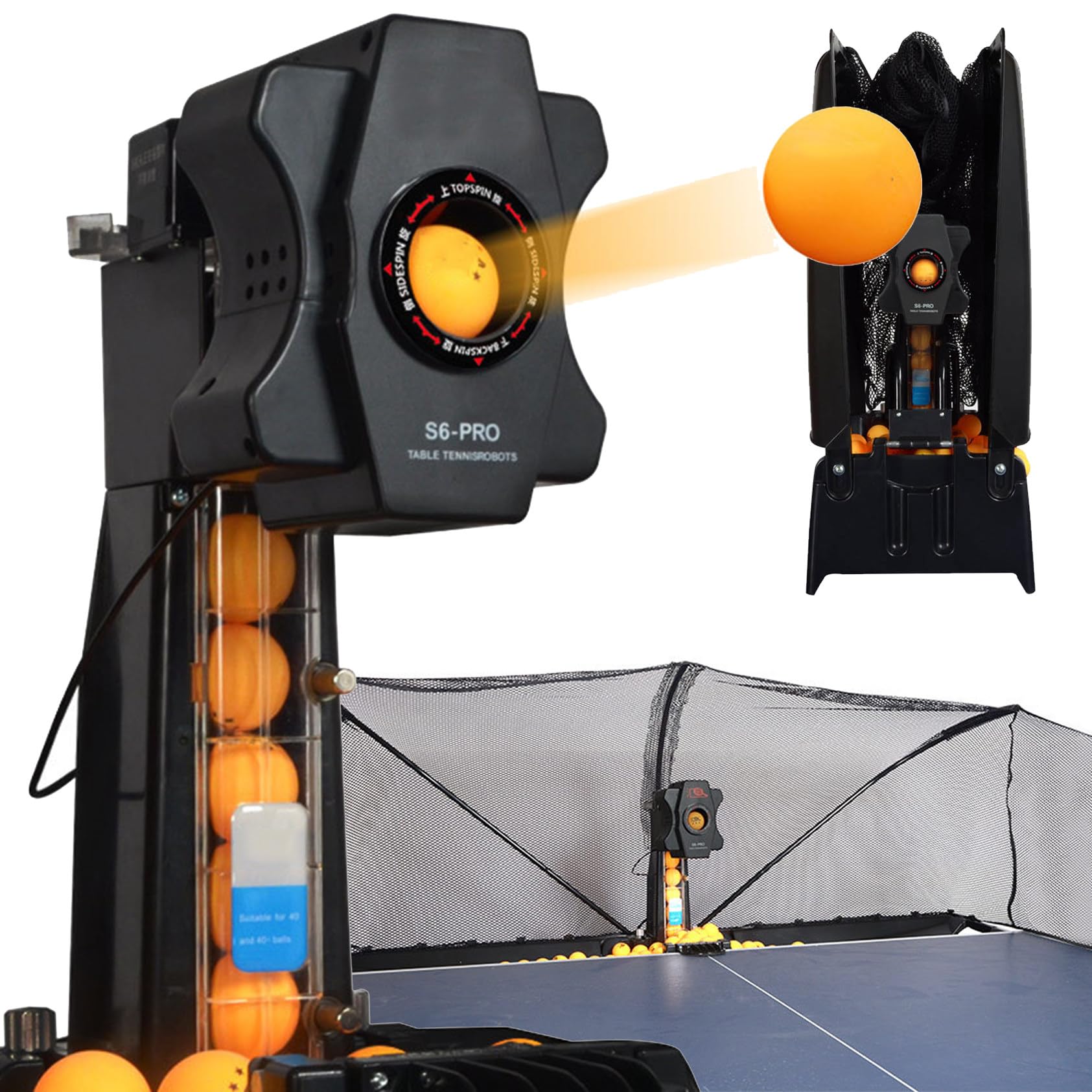 Automatic Table Tennis Ball Machine, 50W Table Tennis Robot S6-PRO Automatic Ping Pong Robot Trainer Table Tennis Robot Machine with Net, Capacity of 100-300 Units Balls