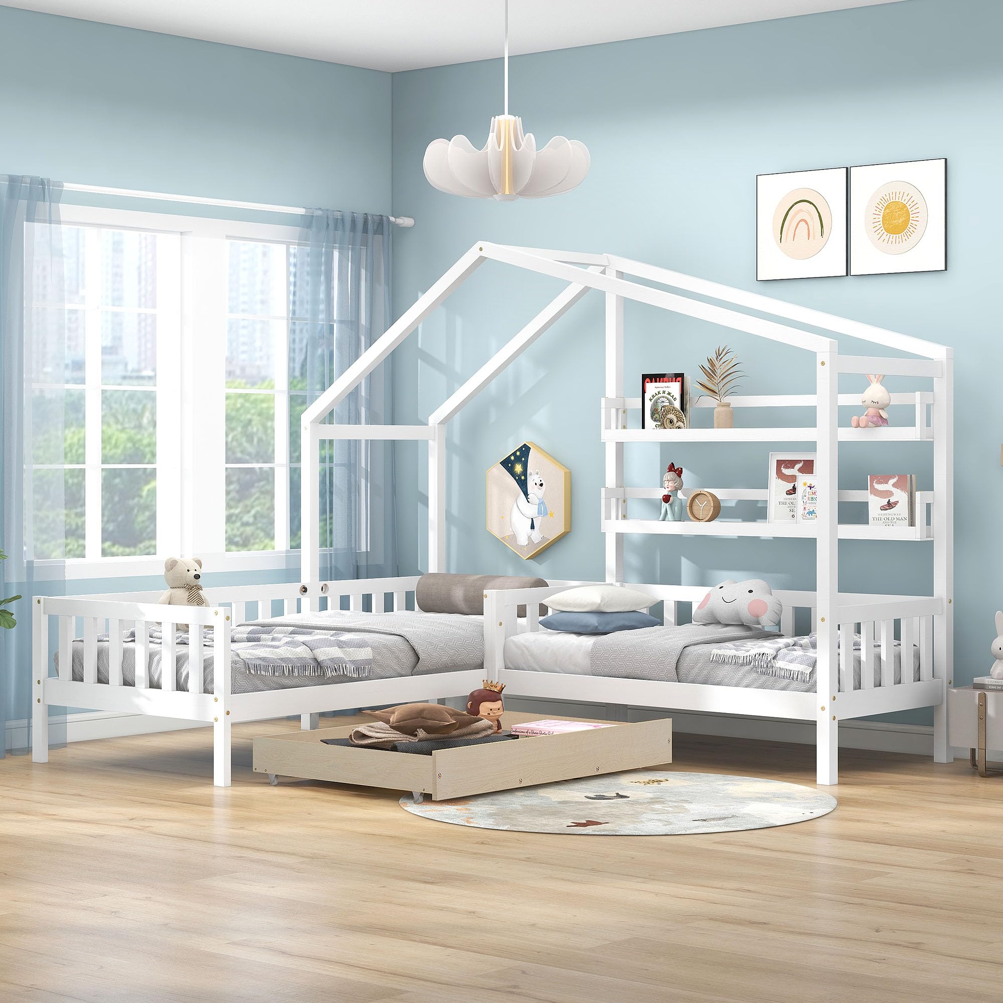 Letto A Castello A L 90x200 + 140x70 Cm In Legno Di Pino Con Cassetti E Ripiani, Struttura Casa, Per Bambini
