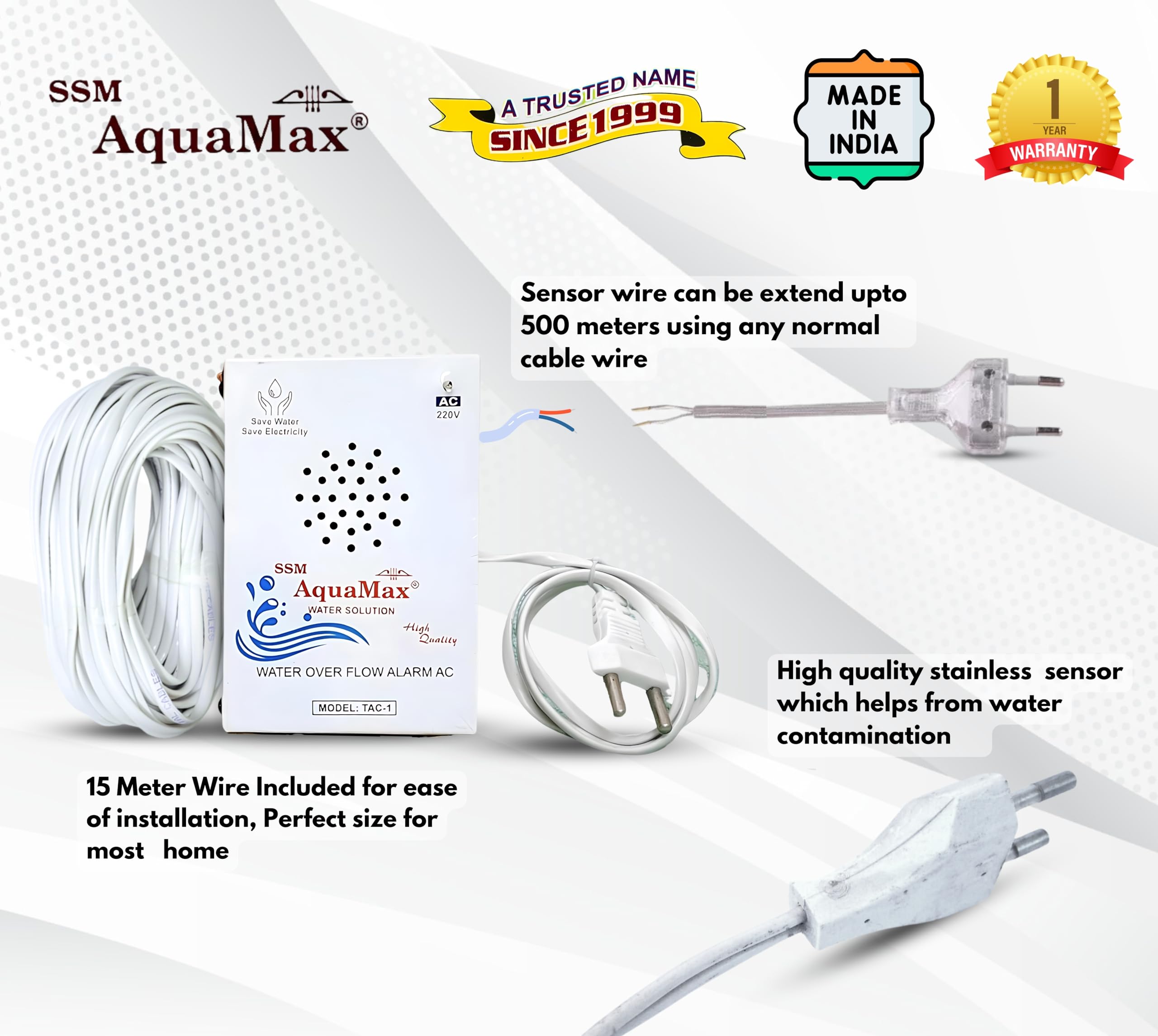 SSM Aquamax ยฎ Metal Body Water Tank Alarm with 15 Meter Wire | 220V AC | Shockproof Design | Wall Mountable | Loud Hindi & English Alerts | 1-Year Warranty | Stainless Steel Sensor | (TAC-1 - Wire) 2