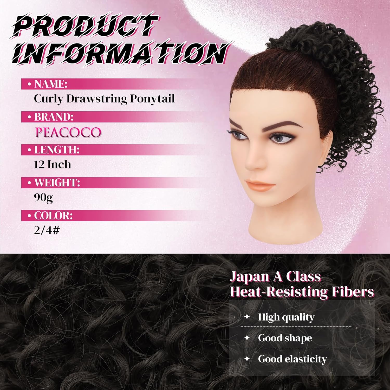 PEACOCO Cheer Ponytail Hair Piece, Cheer Hair Piece Curly 12 Inch Drawstring Ponytail Extension Synthetic Short Afro Puff Kinky Curly Ponytail for Women (Black Brown) - Image 2