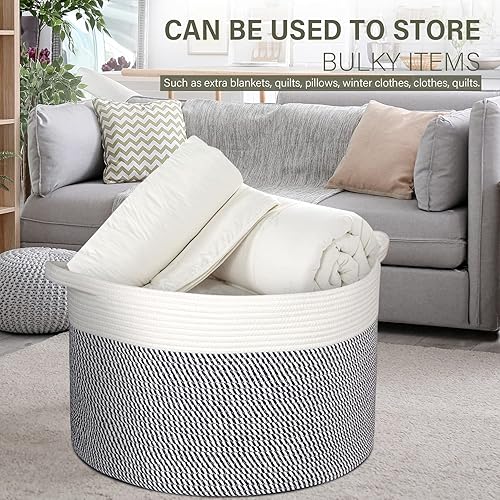 Miniatura 4 de Cesta grande de cuerda de algodón, 22x22x14 pulgadas, canasta tejida suave con asas para guardar mantas, ropa de bebé, ropa sucia (mezcla de azul