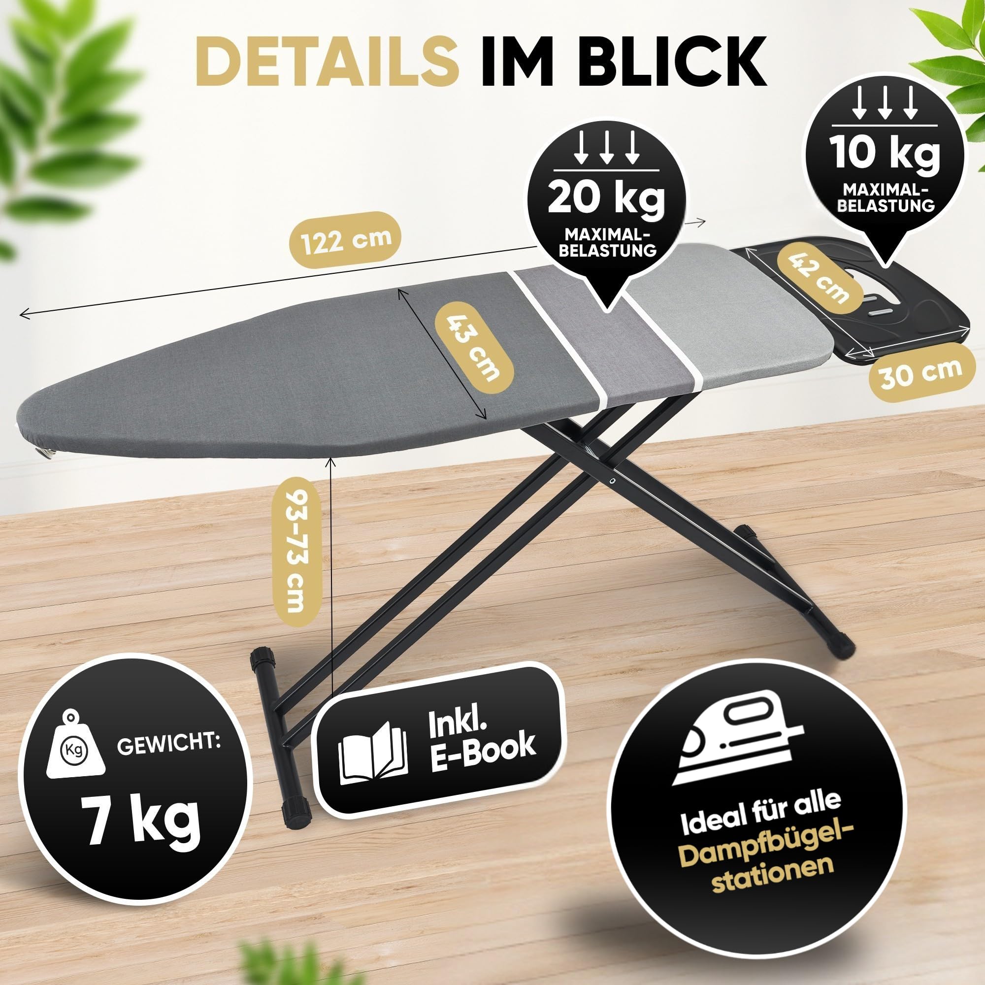 Avieto XXL Bügelbrett 124x43 cm für Dampfbügeleisen und Normale Bügeleisen | Bezug 5 Lagig Dampdurchlässig Hitzreflectierend GlideCharge & Park Place