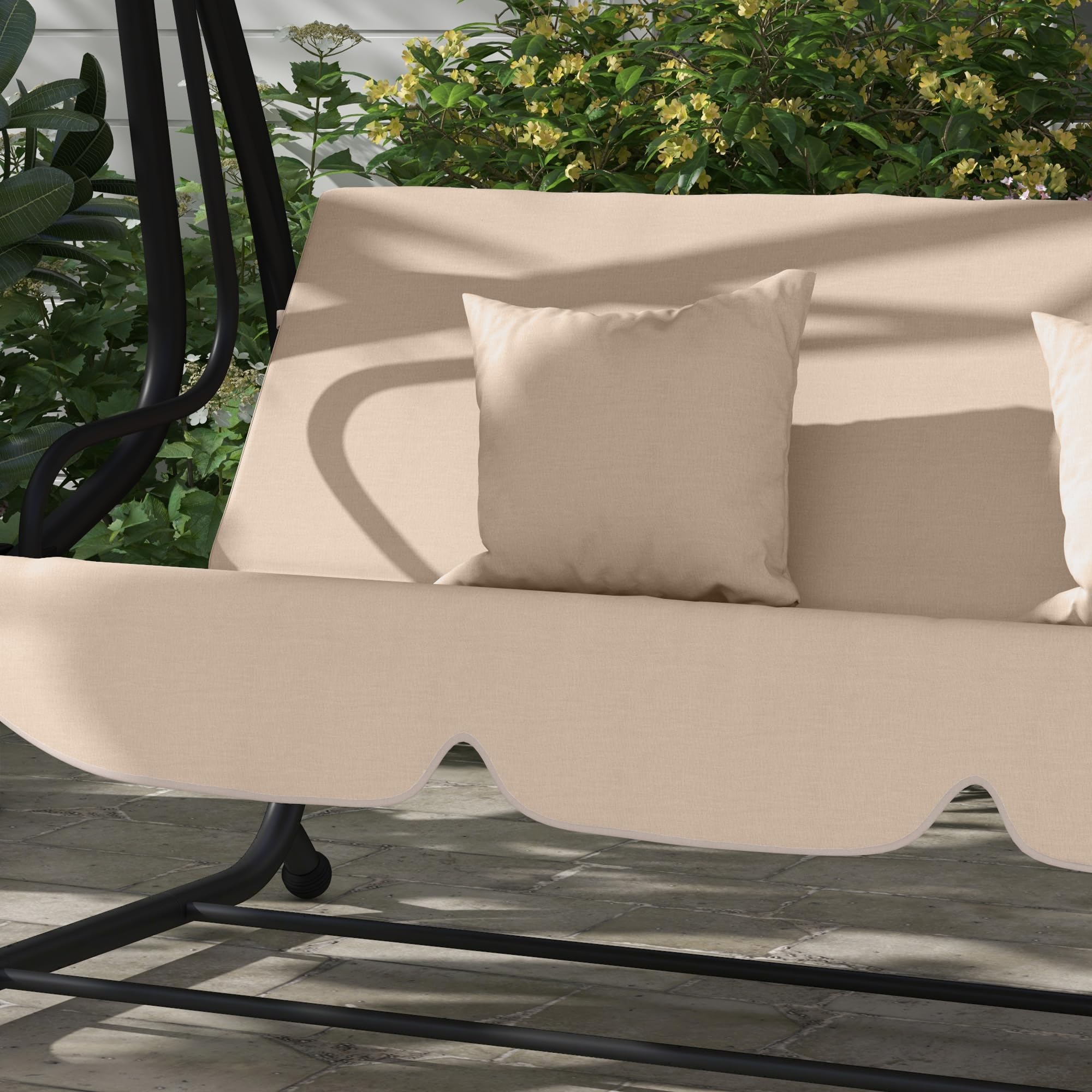 Outsunny Balancín de Jardín Exterior de 3 Plazas Columpio de Jardín Exterior Convertible en Cama 2 en 1 con Toldo Ajustable Soportes Laterales y 2 Almohadas Carga 340 kg 200x120x164 cm Arena