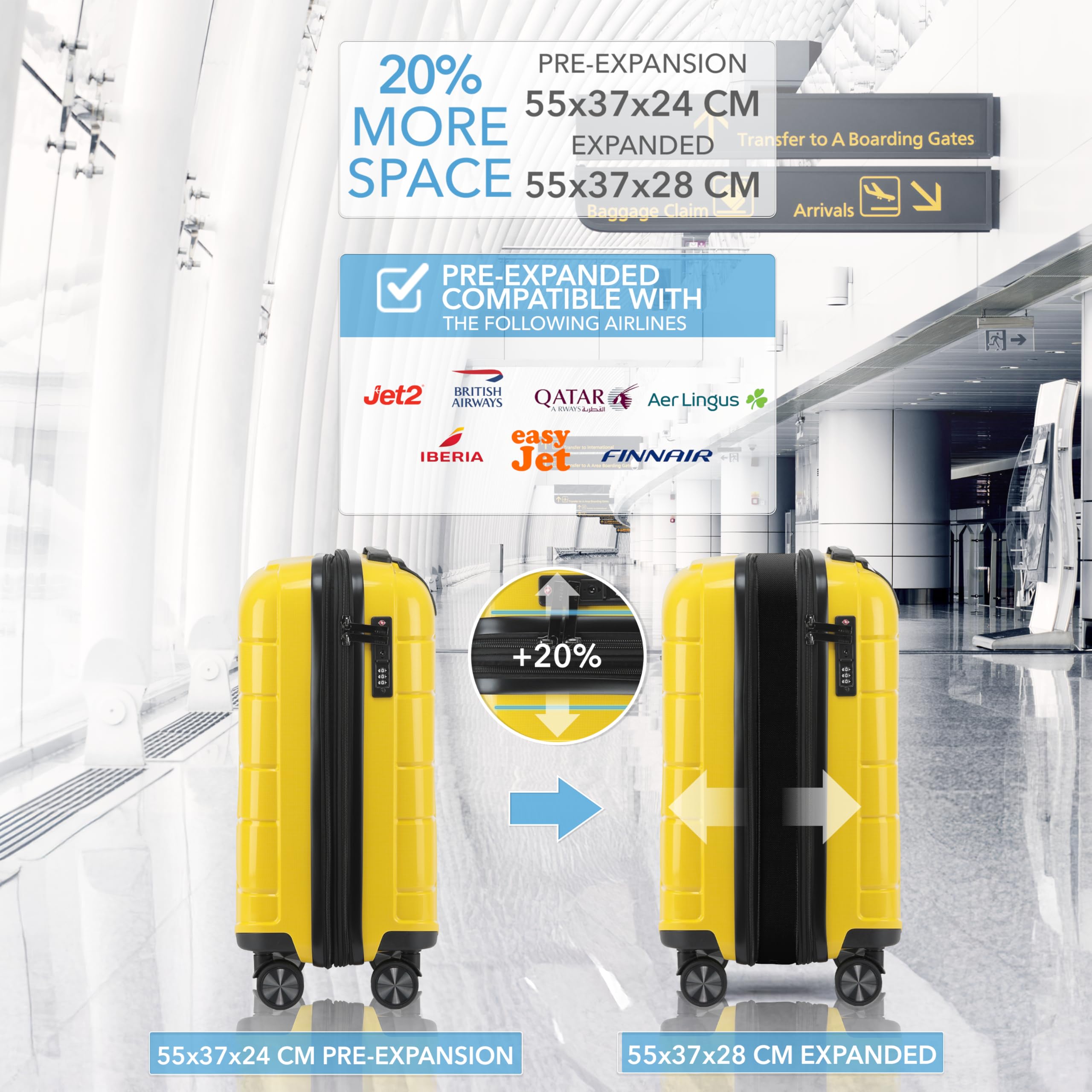 CRUW Hand Luggage 22" Expandable Lightweight Cabin Bag TSA Approved Lock Silent Wheels with Vanity Case Durable Polypropylene Luggage Suitcase Fits 56x45x25cm Overhead Carry On for easyJet.