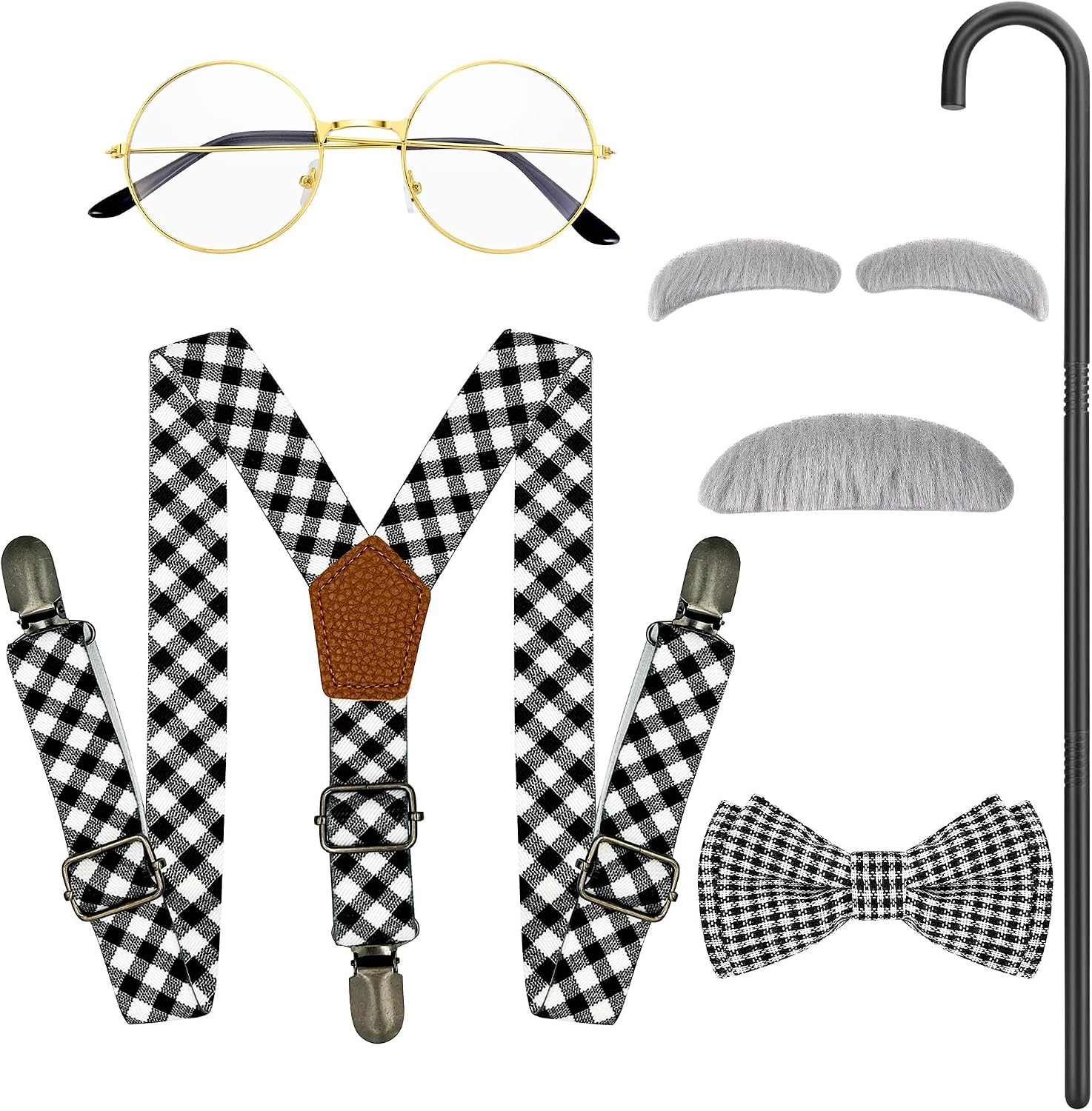 Horolam Kids Old Man Costume, Kids 100 Days of School Costume for Boys with Fake Beard Eyebrow Walking Cane Glasses Suspender