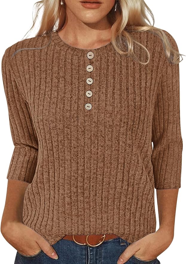 VUTRU Sweater for Women 3/4 Sleeve Henley Shirts Tunic Tops Loose Casual Blouses Fall Fashion Clothes 2025 (Purple,XL)