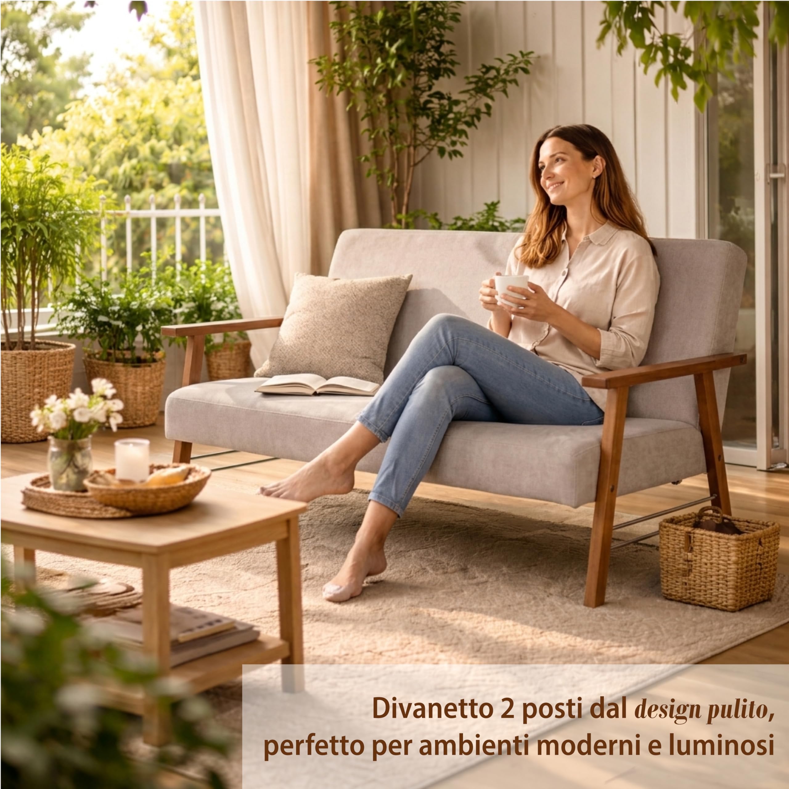 MA MAISON Divano da Giardino in Legno 59X77X91H CM - in Tessuto, Imbottito, Braccioli, da Arredo, Interno, Esterno, per Soggiorno, Terrazza, Resistente, Relax, Moderna - Made in Italy (Beige)