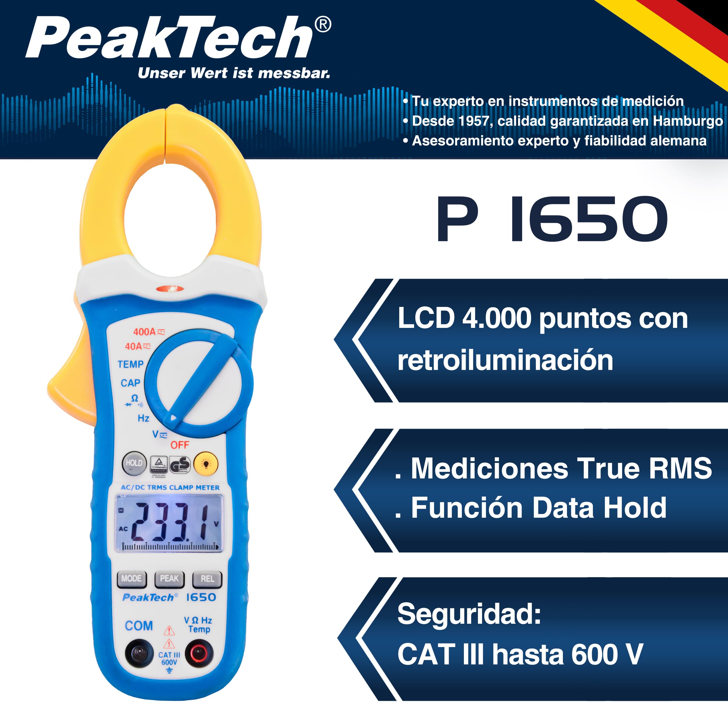 PeakTech 1650 – Pinza amperimétrica RMS 400A AC/DC, multímetro digital, TUV/GS, pinza de corriente 4000 cuentas, voltímetro sin contacto, medición de corriente, probador de continuidad - Máx 600 V