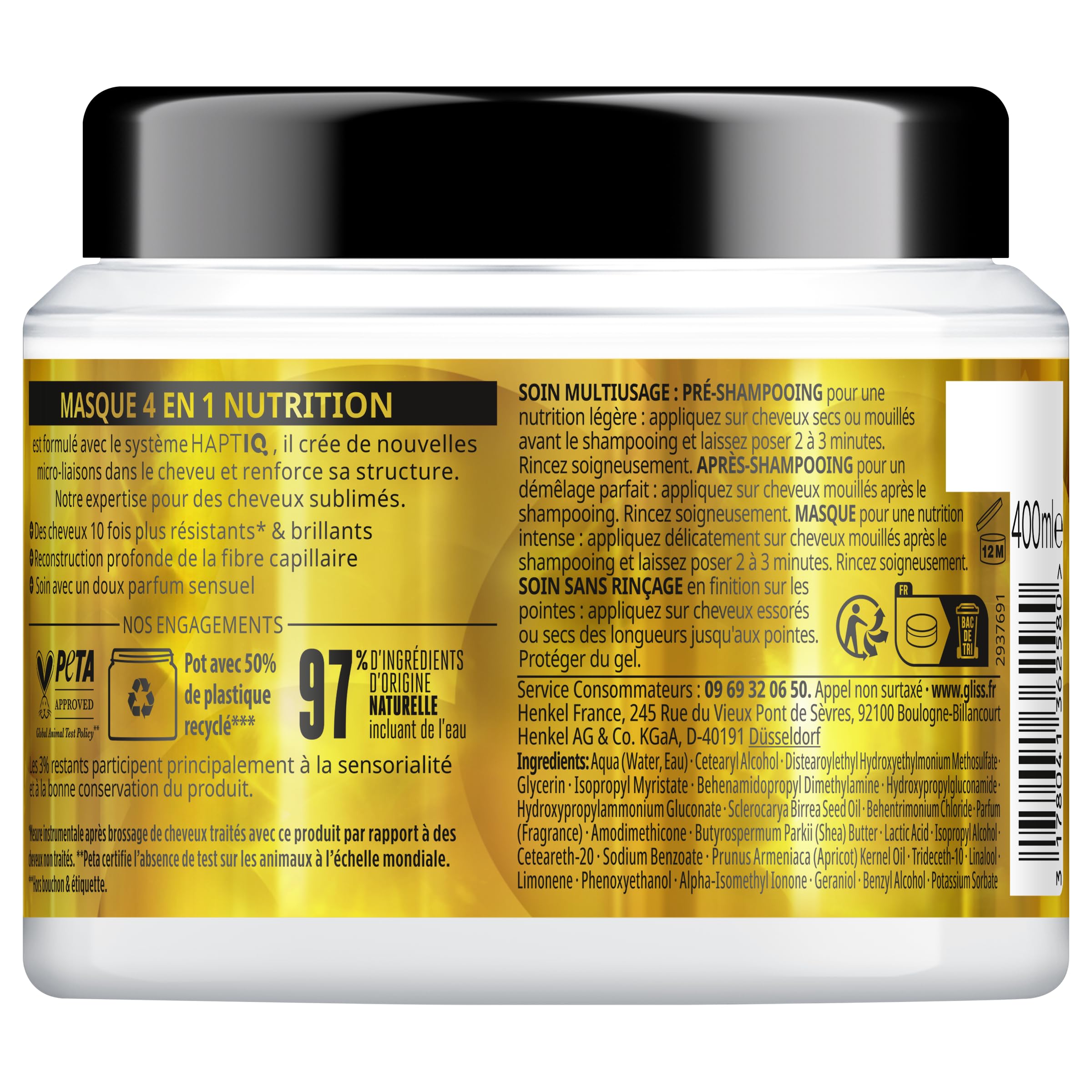 GLISS, Schwarzkopf, Masque 4en1, Nutrition, Huile de Marula, Haptiq System, Cree des Micro Liaisons Capillaires, Cheveux Secs et Reches, Soin Intense, Nourrit & Repare, 400ml