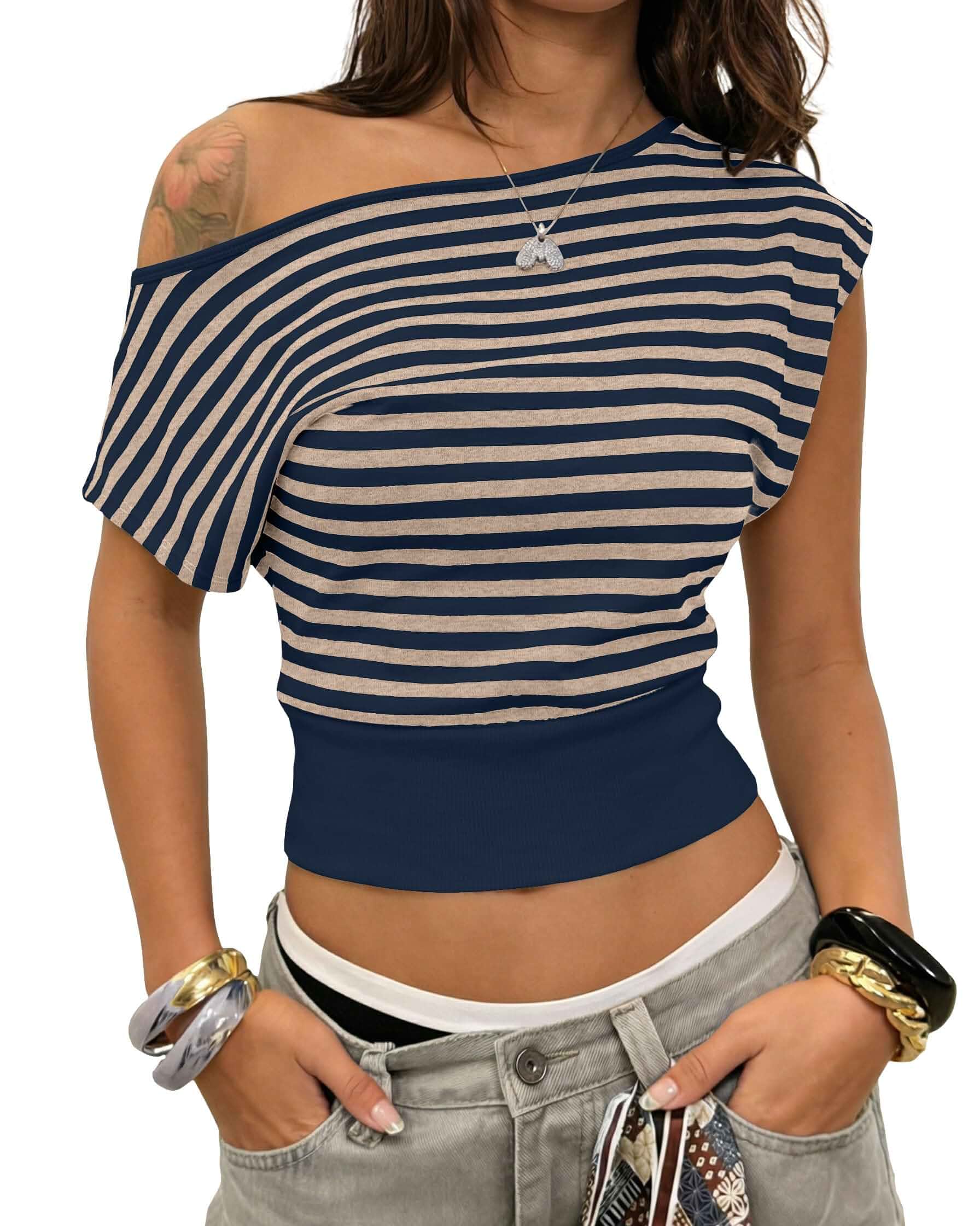 Cioatin Women Cute One Off Shoulder Striped Crop T-Shirt Tank Asymmetric Short Sleeve Cinched Waist Tee Y2K Going Out Tops Short Sleeve