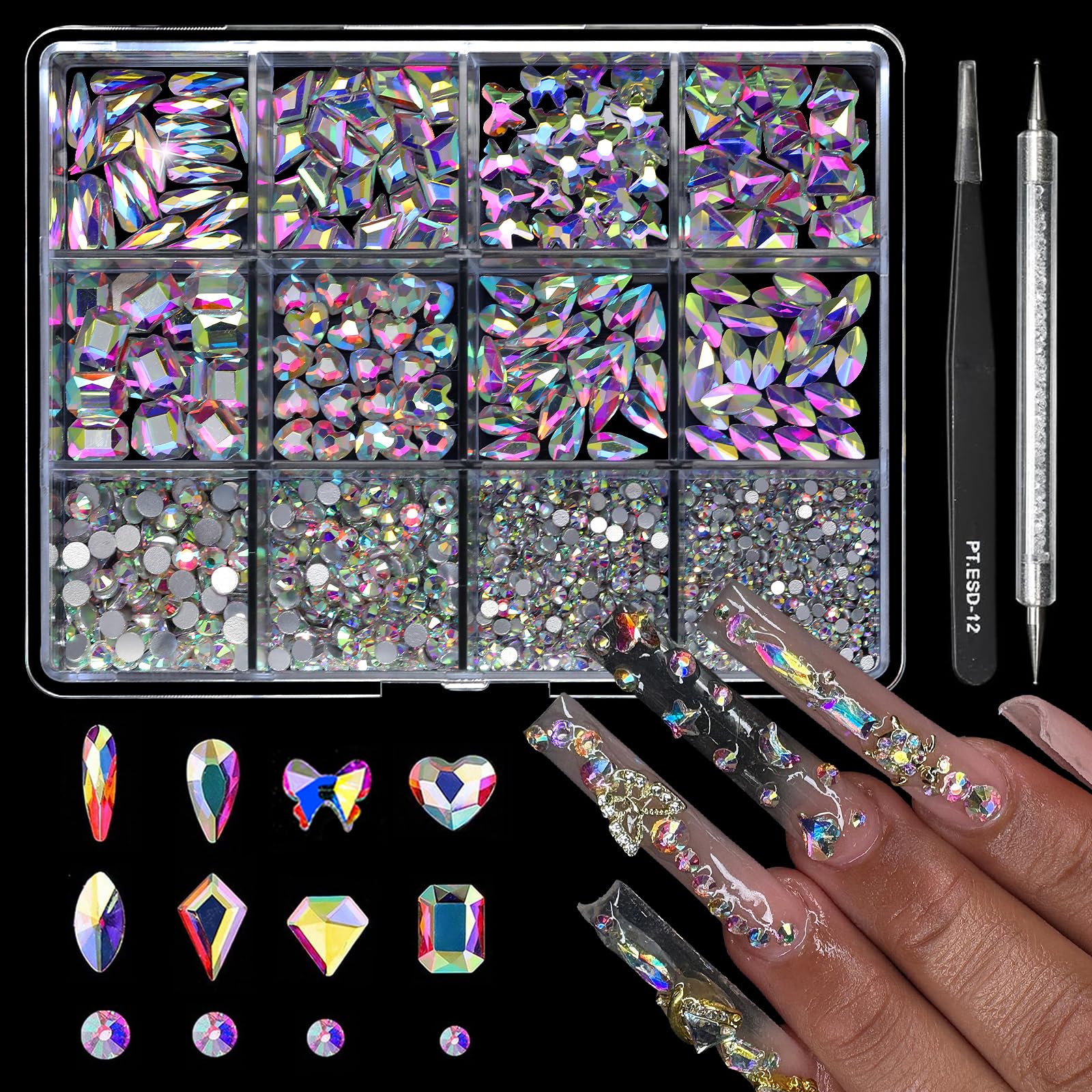 Cycullinyt 1660Pcs Crystal AB Nail Art Rhinestones: 8 Types of Multi Shapes D...