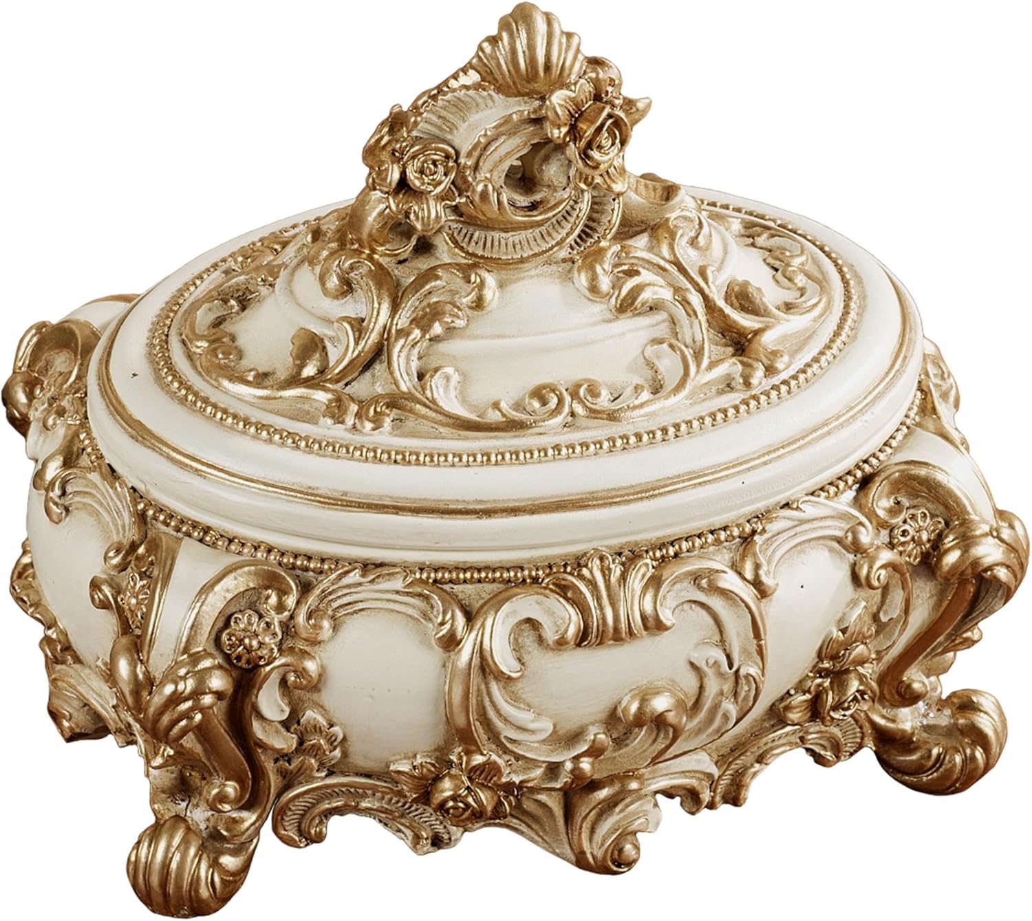 Touch of Class Oliviana Covered Box - Resin - Ivory, Gold - Victorian Style - Acanthus Leaves - Vintage Decor for Jewelry, Trinkets, Keys - Place in Bedroom, Bathroom, Foyer, Entryway