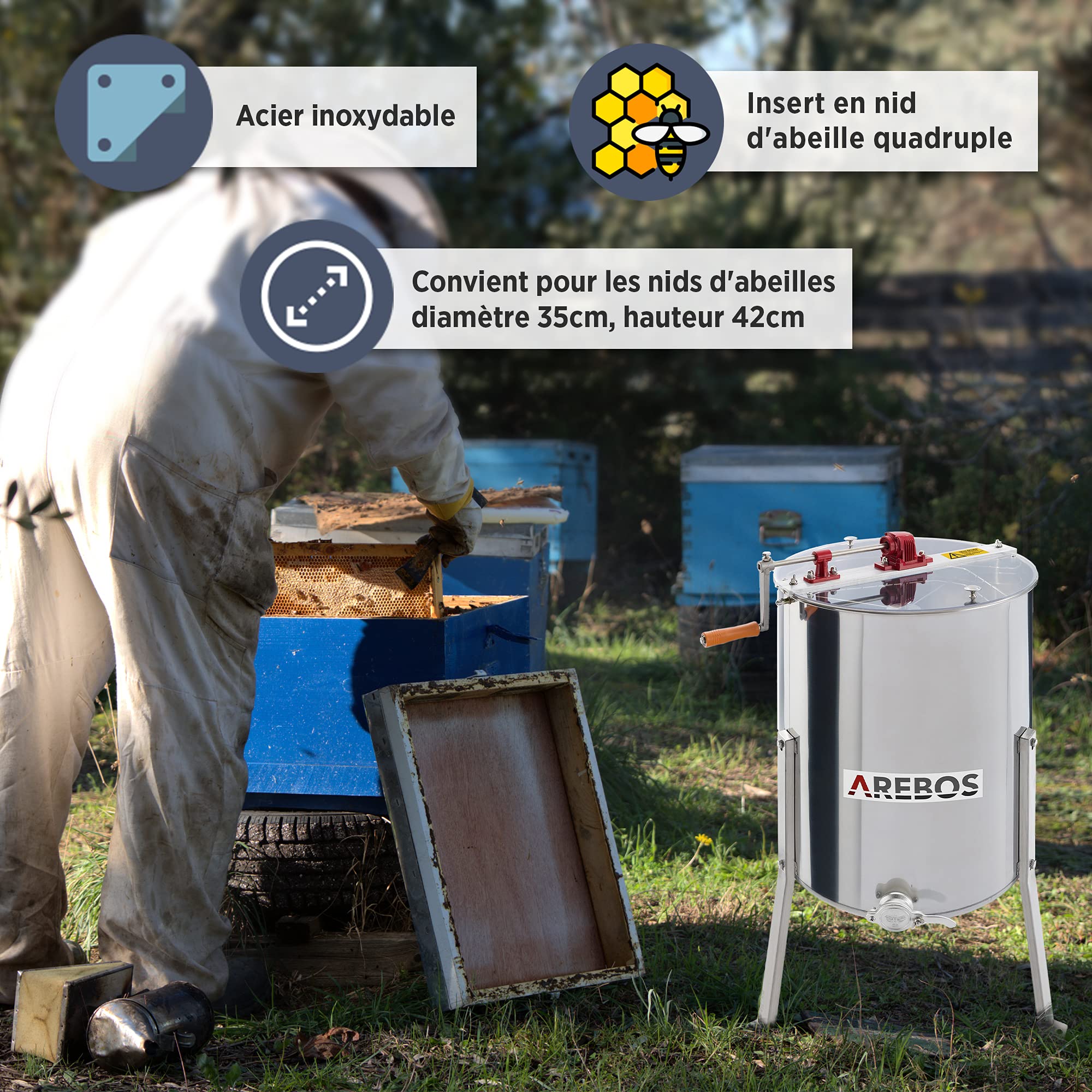 Arebos Extracteur manuel de miel/Extracteur tangentiel | Acier inoxydable | Extracteur 4 rayons | Couvercle anti-éclaboussures | Accessoires apicoles et apiculteurs