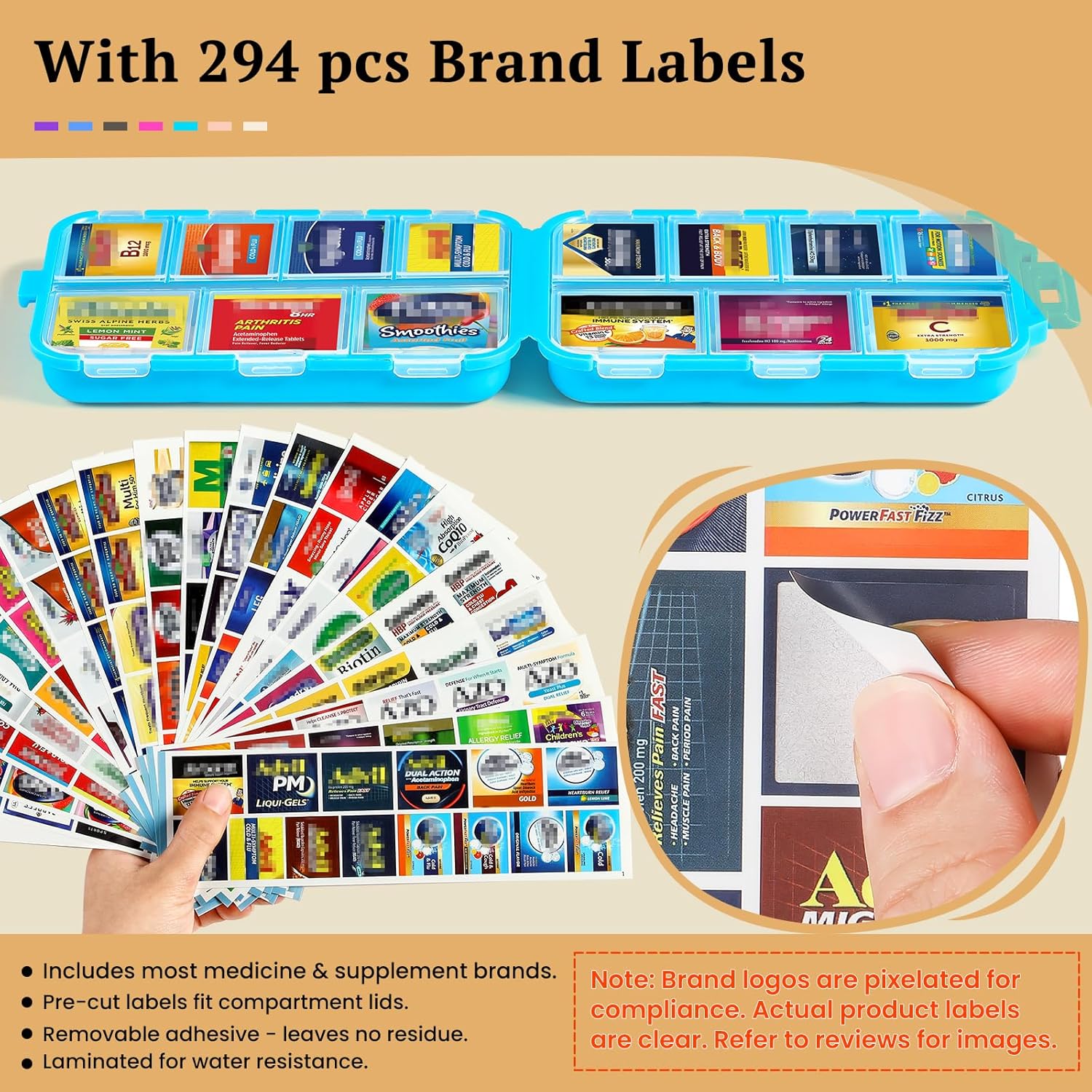 Travel Pill Organizer with Bulk Stickers & Labels - Small & Portable Week Daily Medicine Pharmacy for Pocket, Bag - 14-Compartment Foldable Supplement Box Holder for Fish Oil Vitamin - Blue