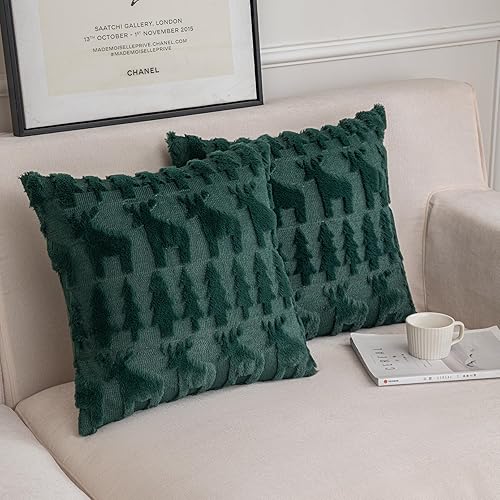 Fundas de almohada decorativas de árbol de Navidad verde y reno de 18 x 18 pulgadas, 2 paquetes de fundas de almohada cuadradas de felpa suave con
