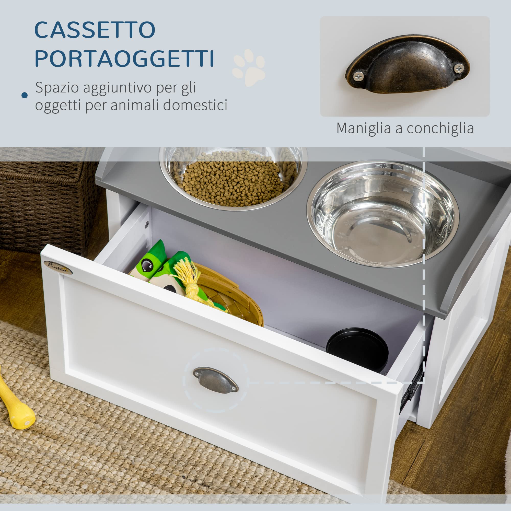 PawHut Ciotole per Cani Rialzate in Acciaio Inox, Portaciotole per Cani in Legno con Cassetto Portaoggetti per Cane Grande, 60x30x36 cm, Bianco