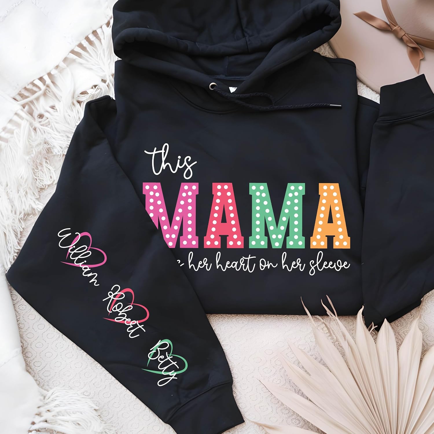 Personalized Mama Gildan Sweatshirt or Hoodie, Kids Names on Sleeve, This Mama Wears Her Heart on Her Sleeve Black - Image 6