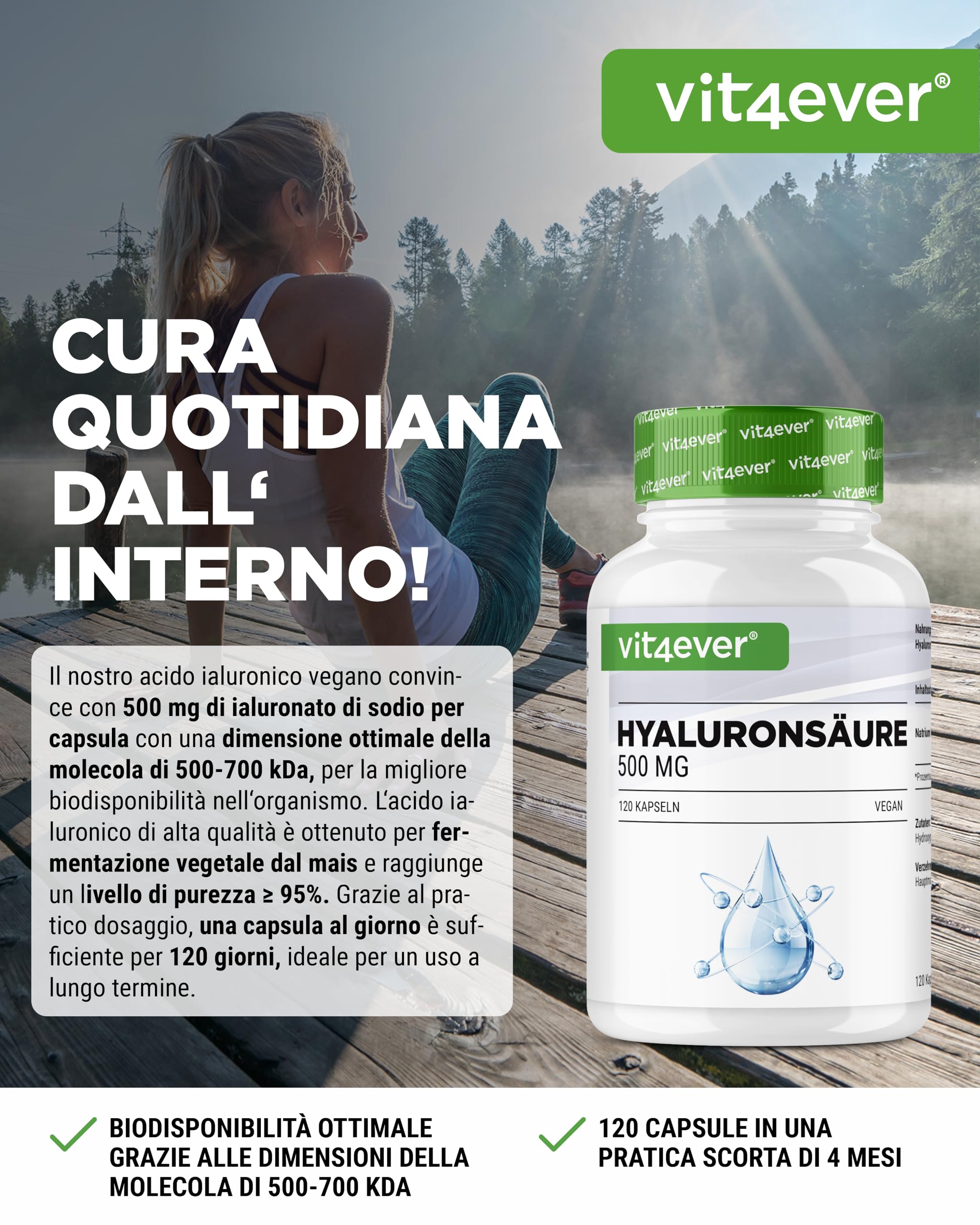Acido ialuronico - 120 capsule con 500 mg di acido ialuronico per 4 mesi - 500-700 kDa - Da fermentazione vegetale - Senza additivi indesiderati, altamente dosato, vegano