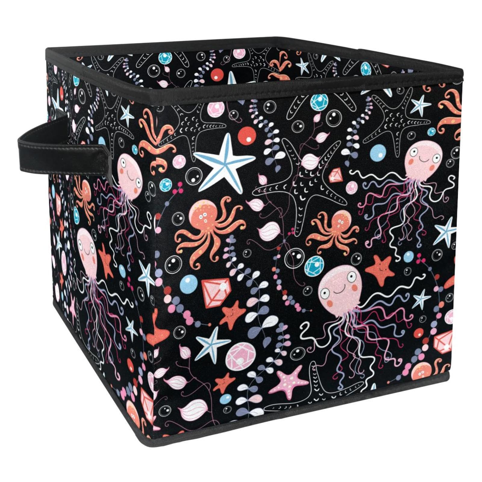 Cube panier rangement en tissu avec poignées motif pieuvre et étoile de mer
