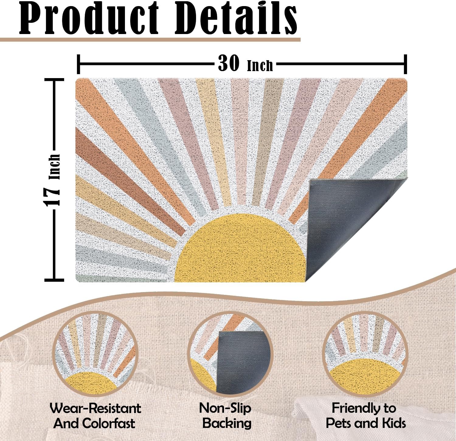 Retro Boho Sun Door Mat, Abstract Mid Century Modern Colorful Sunshine Welcome Mats Doormat for Front Door Porch Indoor Outdoor Entrance Entryway, Boho Sun Bath Mat, 17x30 Inch