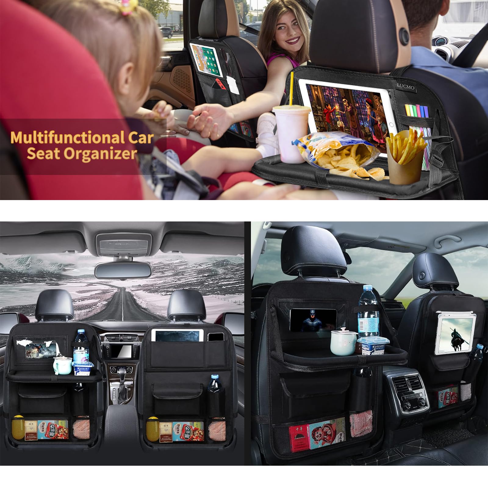 Organisateur Voiture Enfant avec Plateau Pliable, Protection Siège Arrière avec Écran Tactile, Sac Rangement Auto Imperméable en Oxford, Multi-Poches, Accessoire Intérieur