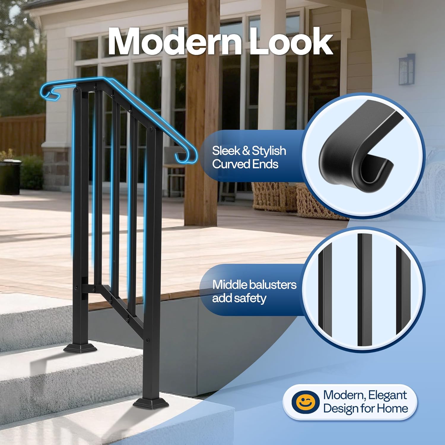 VIVOHOME 2-Pack 2 Step Galvanized Steel Hand Rails for Outdoor Steps – Curved Ends and Safety Balusters Exterior Railing for Porch, Deck, or Indoor Stairs, Complete Installation Kit