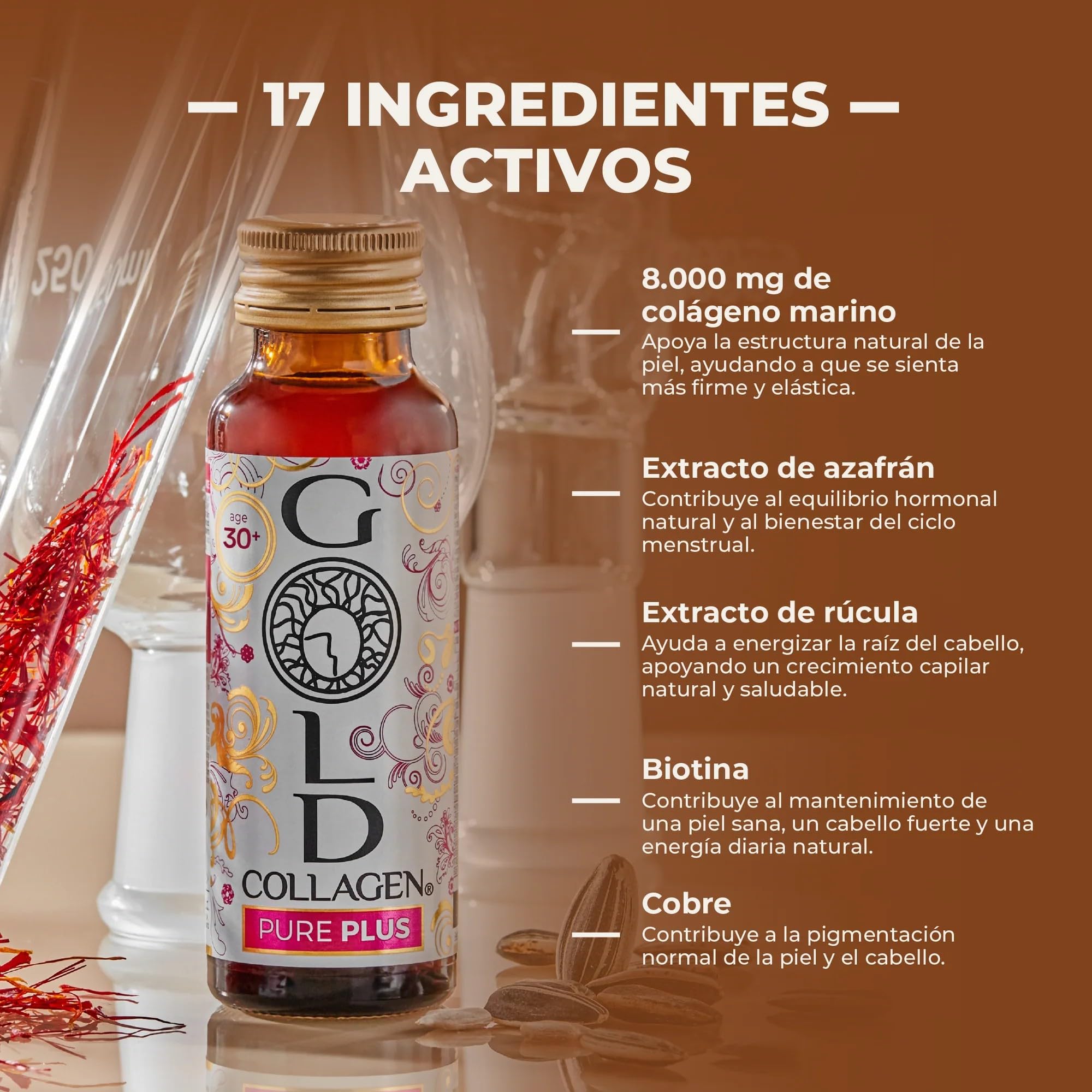 GOLD COLLAGEN New Pure Plus Complemento con 8g Colágeno Marino Hidrolizado, Biotina para Cabello Piel y Uñas, 10 Botellitas 50ml
