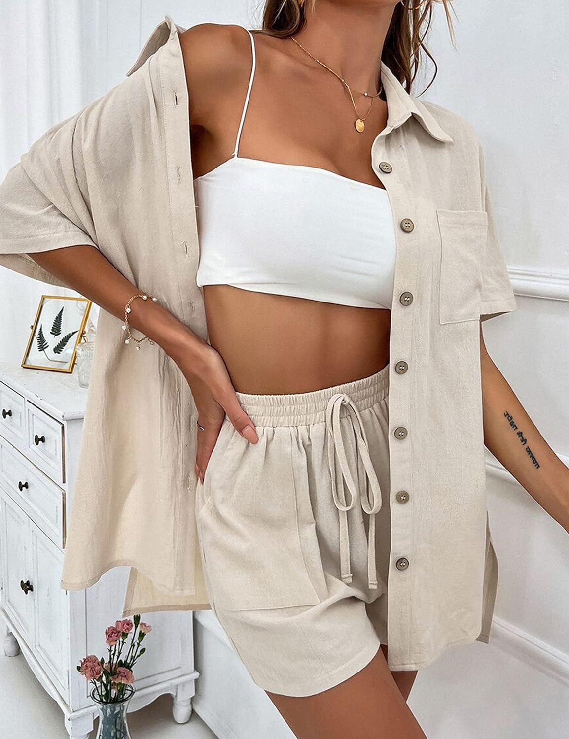 APAFES Women Summer Cotton Linen Short Sets 2 Piece Shorts Top Lounge Beach Vacation Two Piece Outfits Tracksuits - Image 8