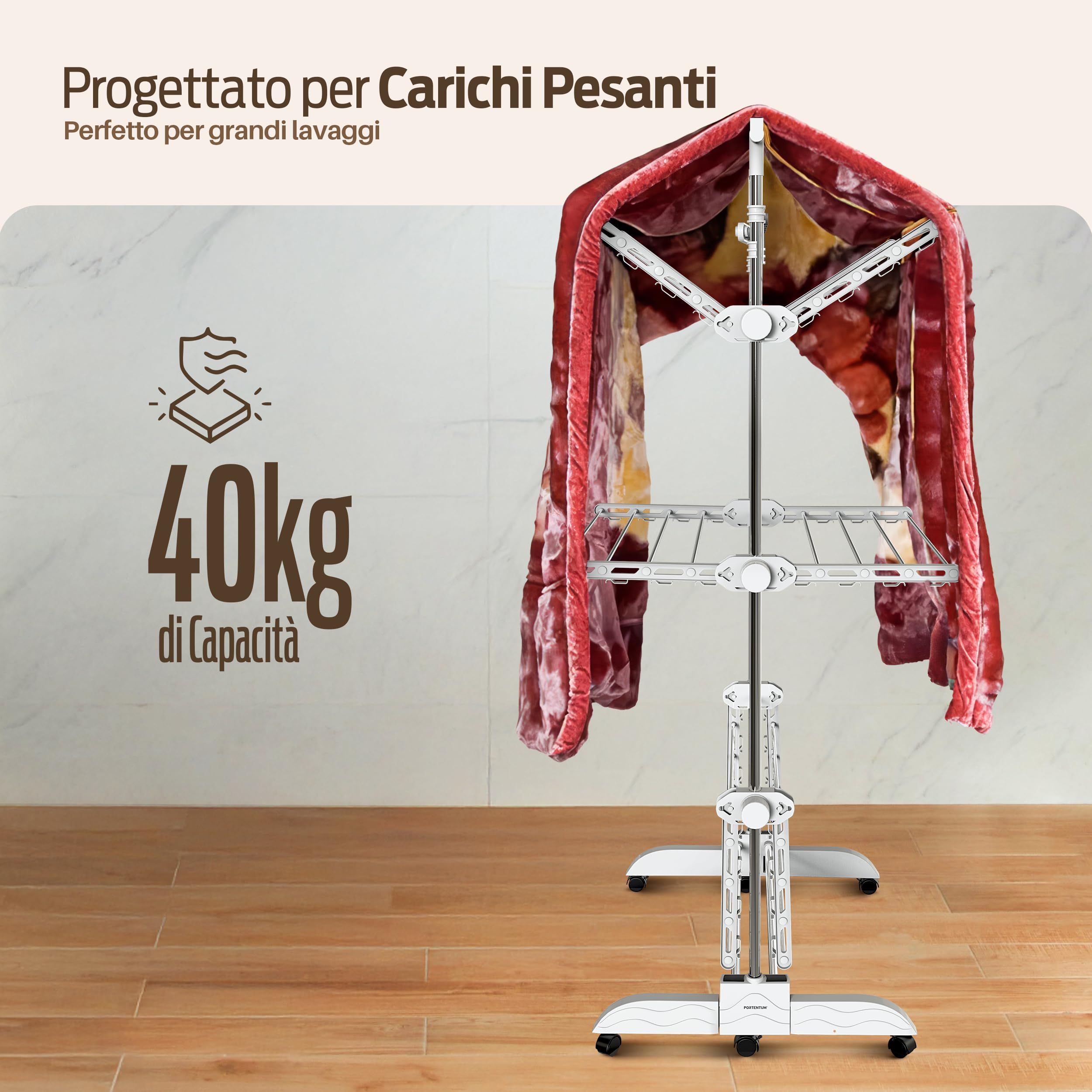 PORTENTUM Stendino verticale salvaspazio pieghevole 14 cm 5 livelli – 58 ganci per appendini – Fino a 40 kg – Stendibiancheria 24 barre acciaio inox – Uso interno ed esterno – Ruote girevoli con freno