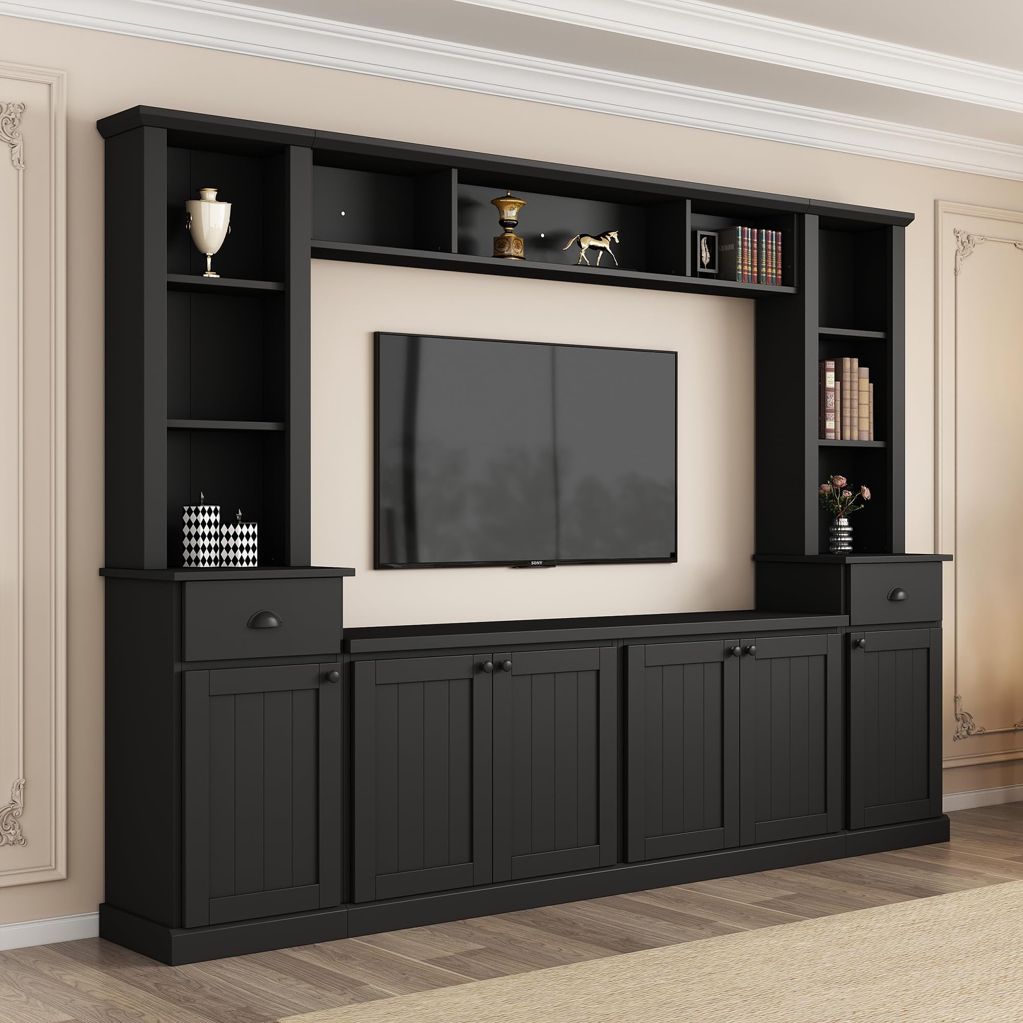 ON-TREND Minimalist Entertainment Wall Unit Set with Bridge for TVs Up to 75'', Ample Storage Space TV Stand with Adjustable Shelves, Modernist Large Media Console for Living Room, Black