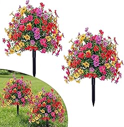 2Pack Artificial Petunias Flowers for Outdoors, 22inch Fake Bushes with Ground Stake Spring Decoration, UV Resistant Faux Summer Plants, Artificial Boxwood Topiary Ball Trees for Garden