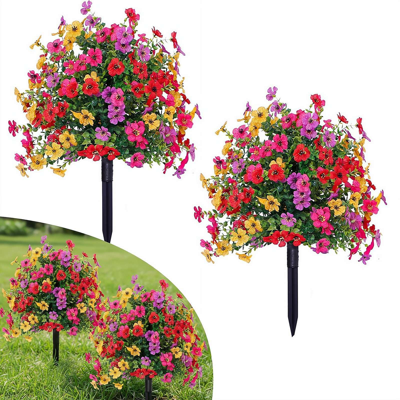 2Pack Artificial Petunias Flowers for Outdoors, 22inch Fake Bushes with Ground Stake Spring Decoration, UV Resistant Faux Summer Plants, Artificial Boxwood Topiary Ball Trees for Garden
