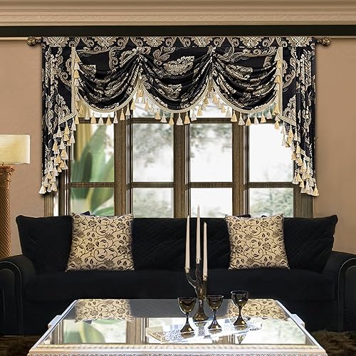 Loom and Mill Cenefas de cascada de lujo para ventanas, elegantes cenefas de cortina de jacquard gruesas con borlas para sala de estar, decoraciones