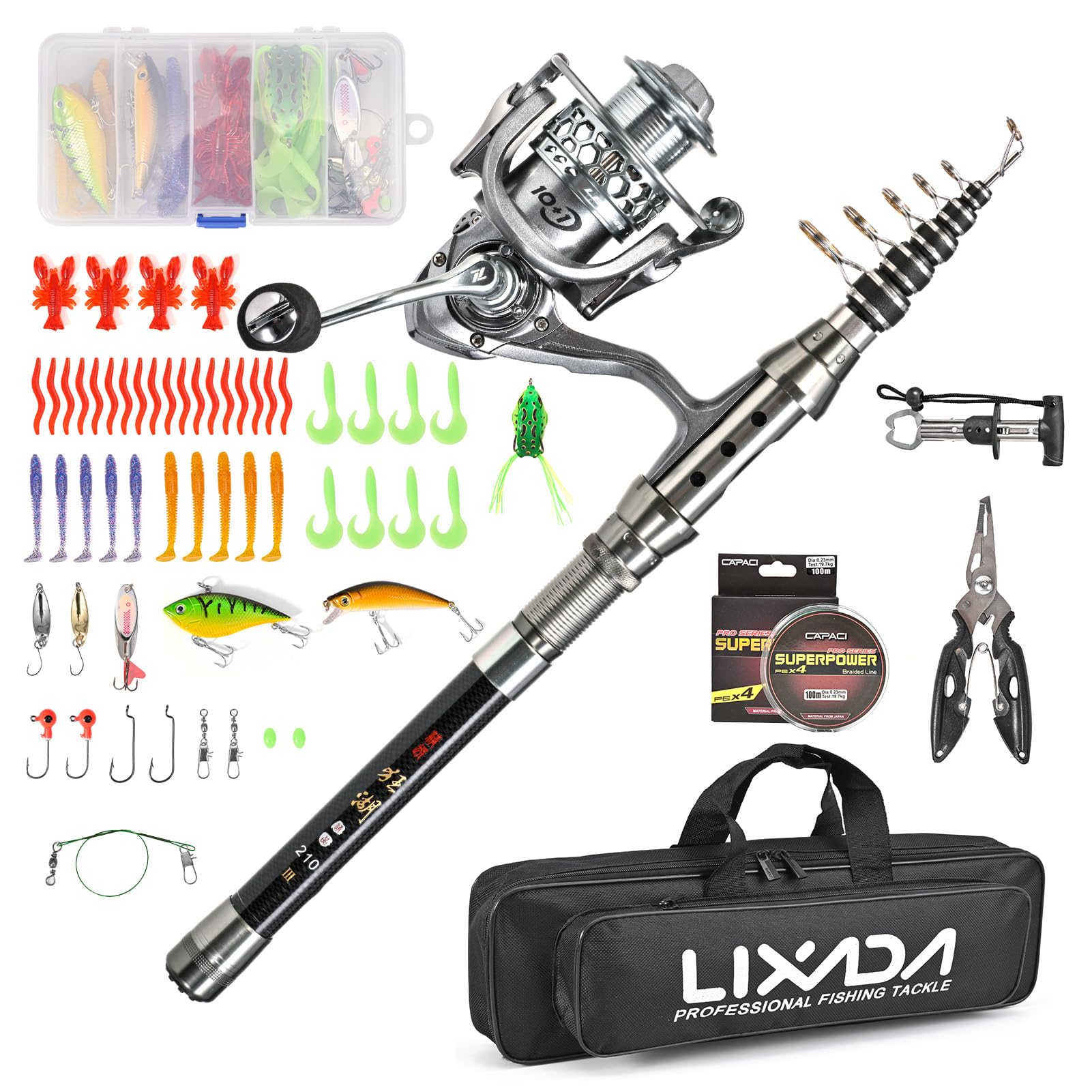 Kit portatile leggero combinato con canna da pesca telescopica e mulinello con labbro per pesci e pinze per gli appassionati di pesca