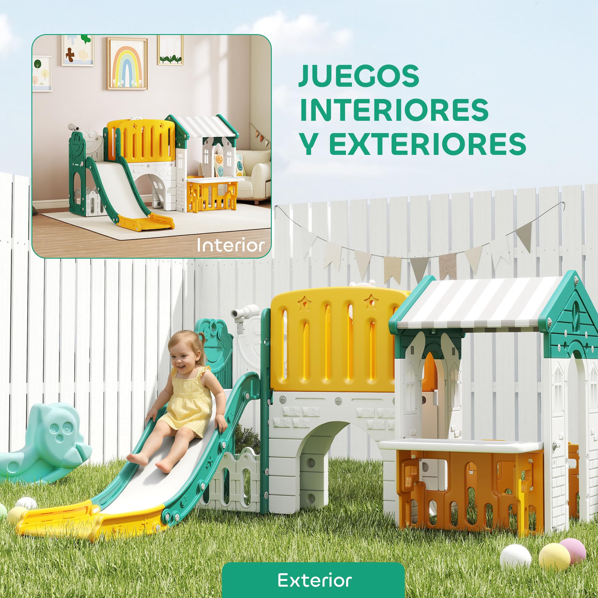 AIYAPLAY Tobogán Infantil 7 en 1 con Caseta para Niños, Tobogán con Escalera, Aro de Baloncesto, Túnel, Pizarra, Telescopio, para Interior, Amarillo y Verde