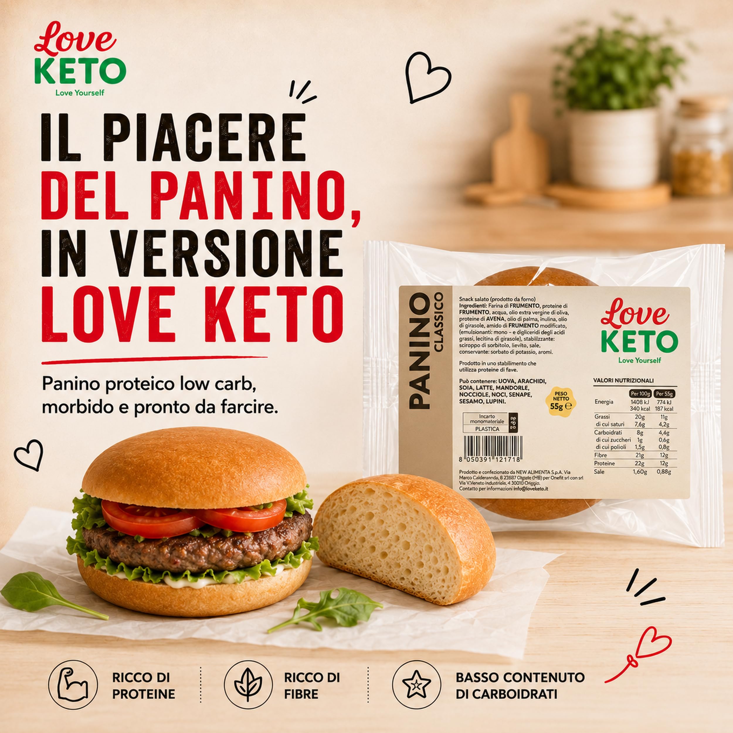 Pane keto proteico Low Carb, 30 Panini Keto da 55 g - Made in Italy