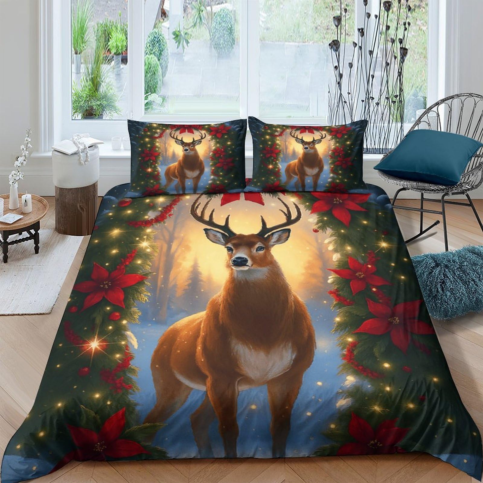 Ctjqhvkz Style-6 3D Printed Festive Reindeer Fitted Sheet Microfiber Winter Forest Bed Sheet With Christmas Red Poinsettia Decor Single（135X200cm）