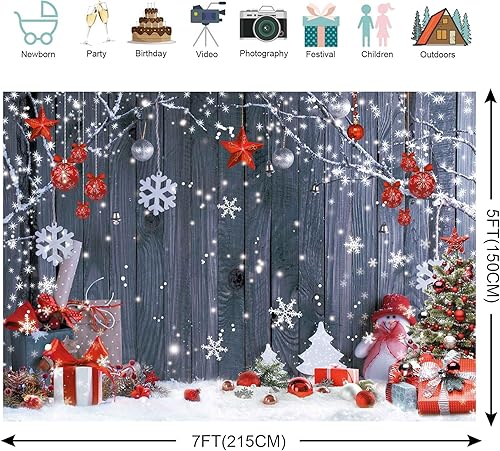 Miniatura 9 de Cartel de fotografía de pared de madera de Navidad de 5 x 7 pies, telón de fondo de invierno, copo de nieve, árbol de Navidad, fondo de piso de