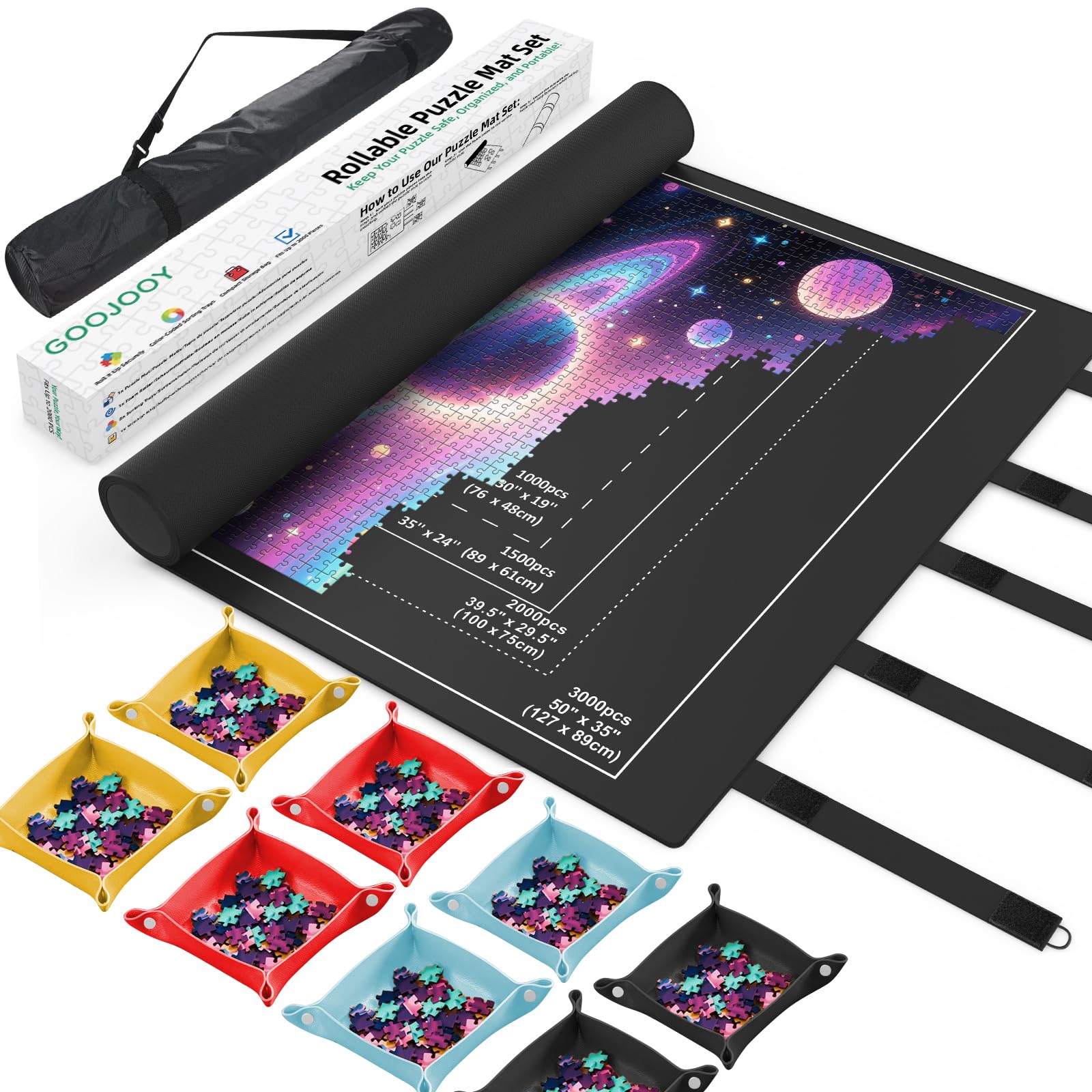 GOOJOOY Rubber Jigsaw Mat for Puzzles Up to 3000 Pieces, Non-Slip Roll Up Puzzle Roll Up Mat 59 x 37.4, Jigsaw Accessories Storage and Travel Friendly, with 8 Sorting Trays + 1 Storage Bag