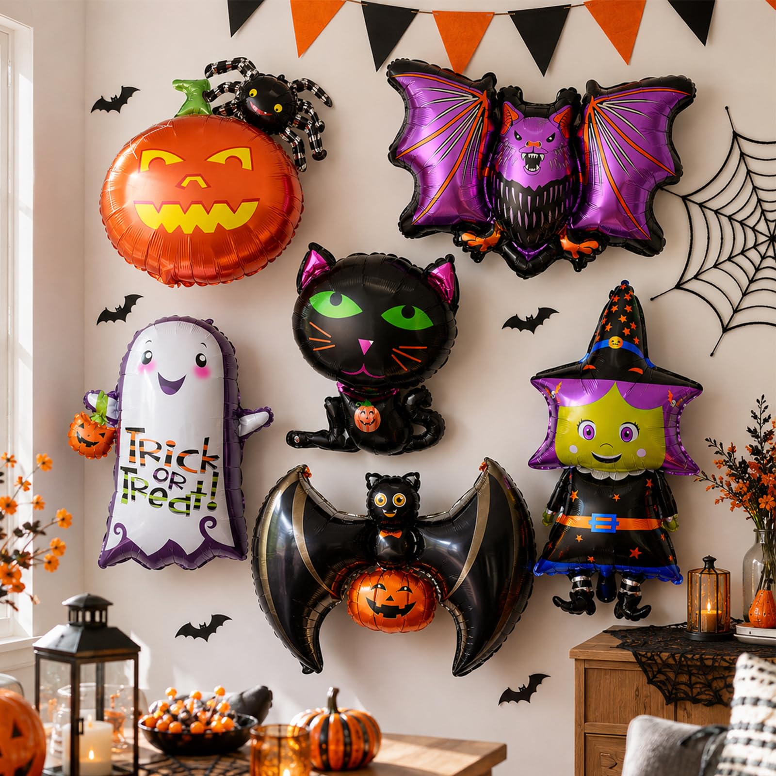 Halloween Foil Balloons, 6 Pack Large Bat Witch Cat Ghost Decor Balloon