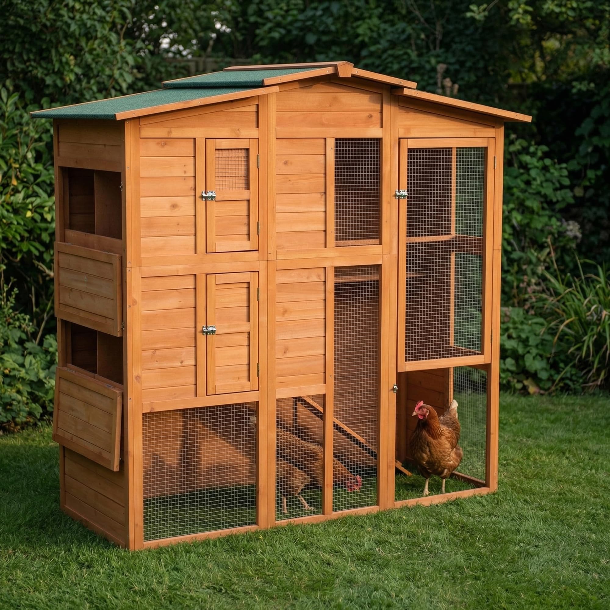 Mucola Hasenstall mit Freilaufgehege 171x80x166 cm Kleintiergehege Holz inklusive 2 Rampen Kleintierhaus Hühnerstall 2 Nestboxen (4 Nistplätze) Hühnervoliere