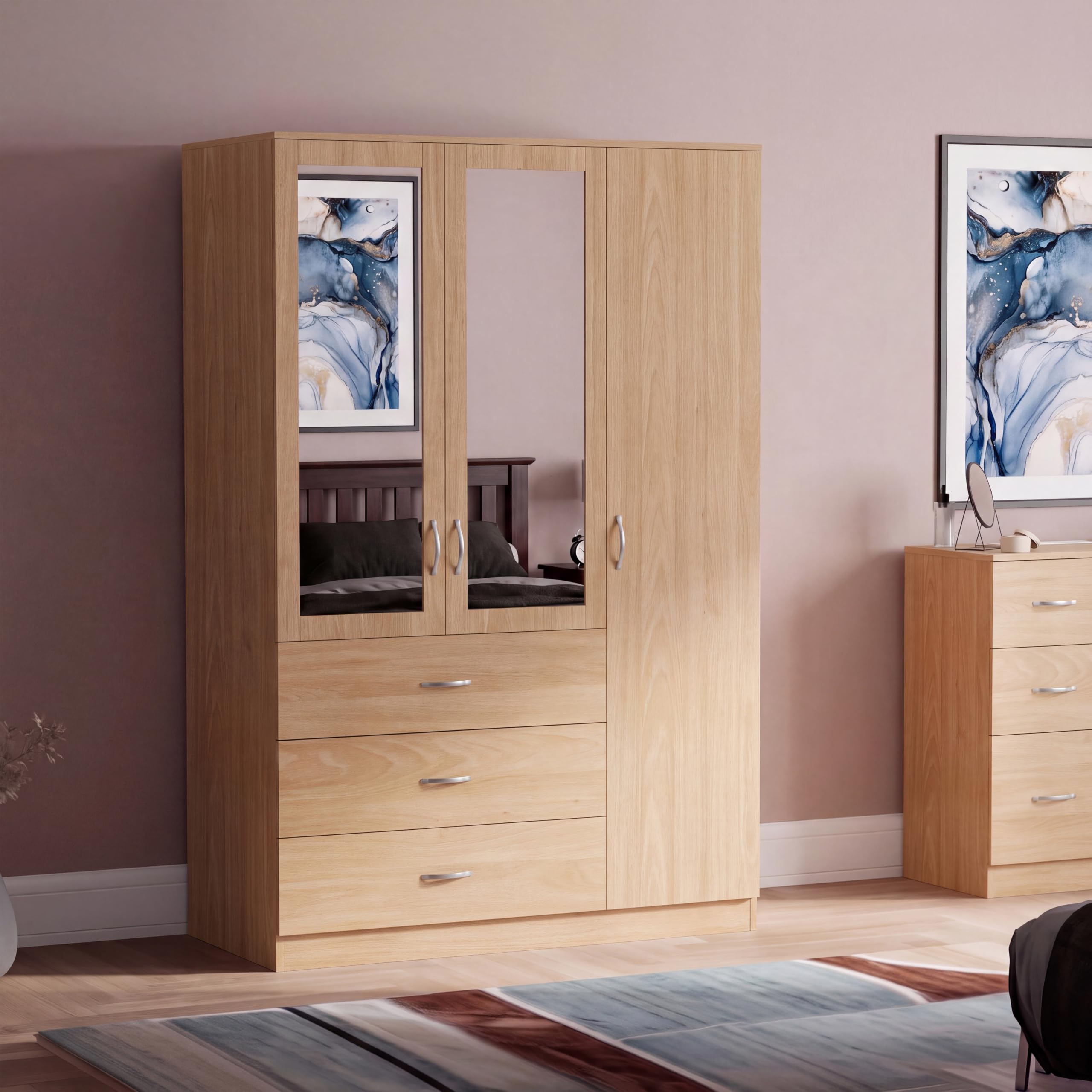 VIDA DESIGNS Riano 3 Door 3 Drawer Mirrored Wardrobe, Pine