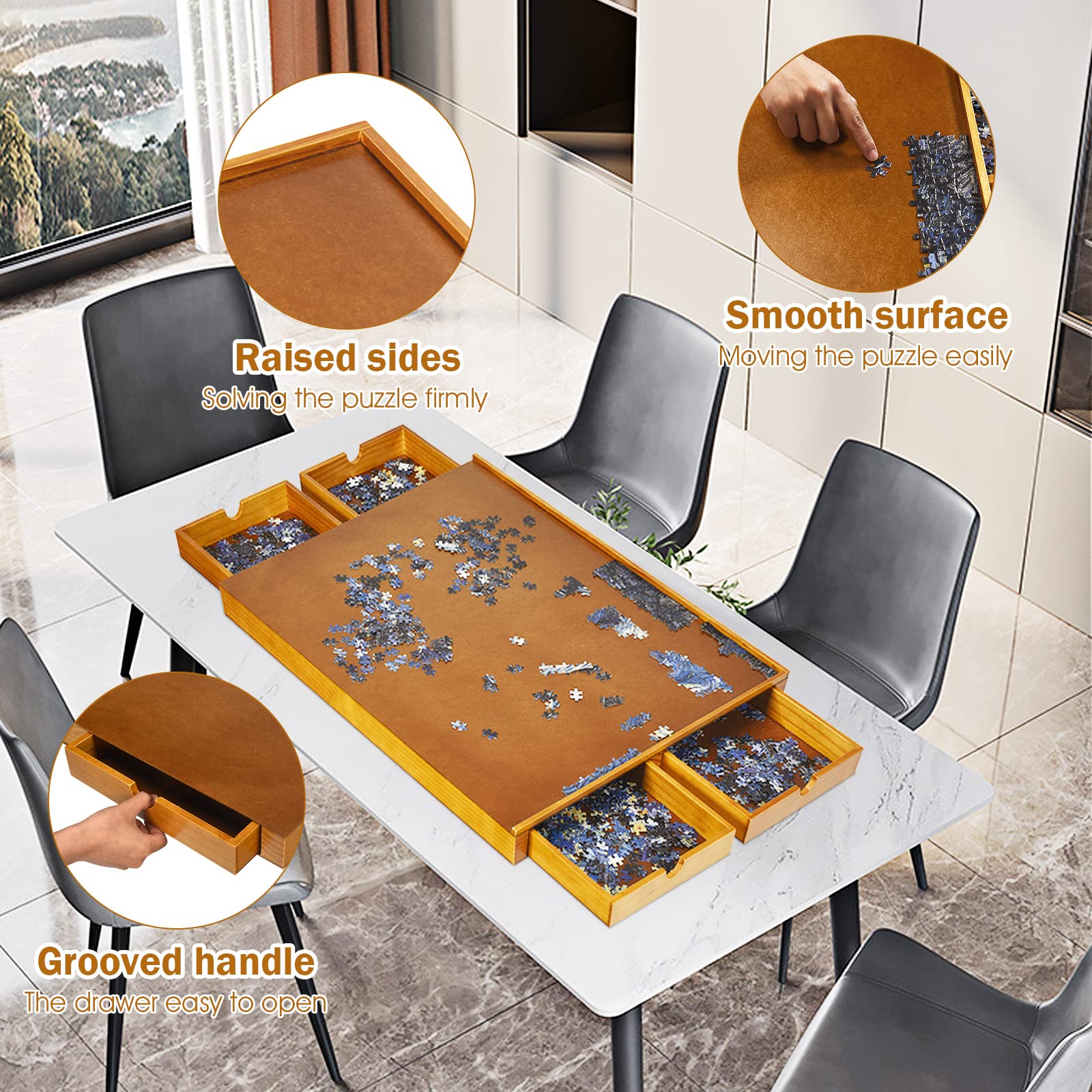 HOMASIS Tavolo Puzzle in Legno, Tavola Puzzle Board Gioco da Tavolo con 4 Cassettti per 1000-1500 PCS, 80 x 65 x 7 cm