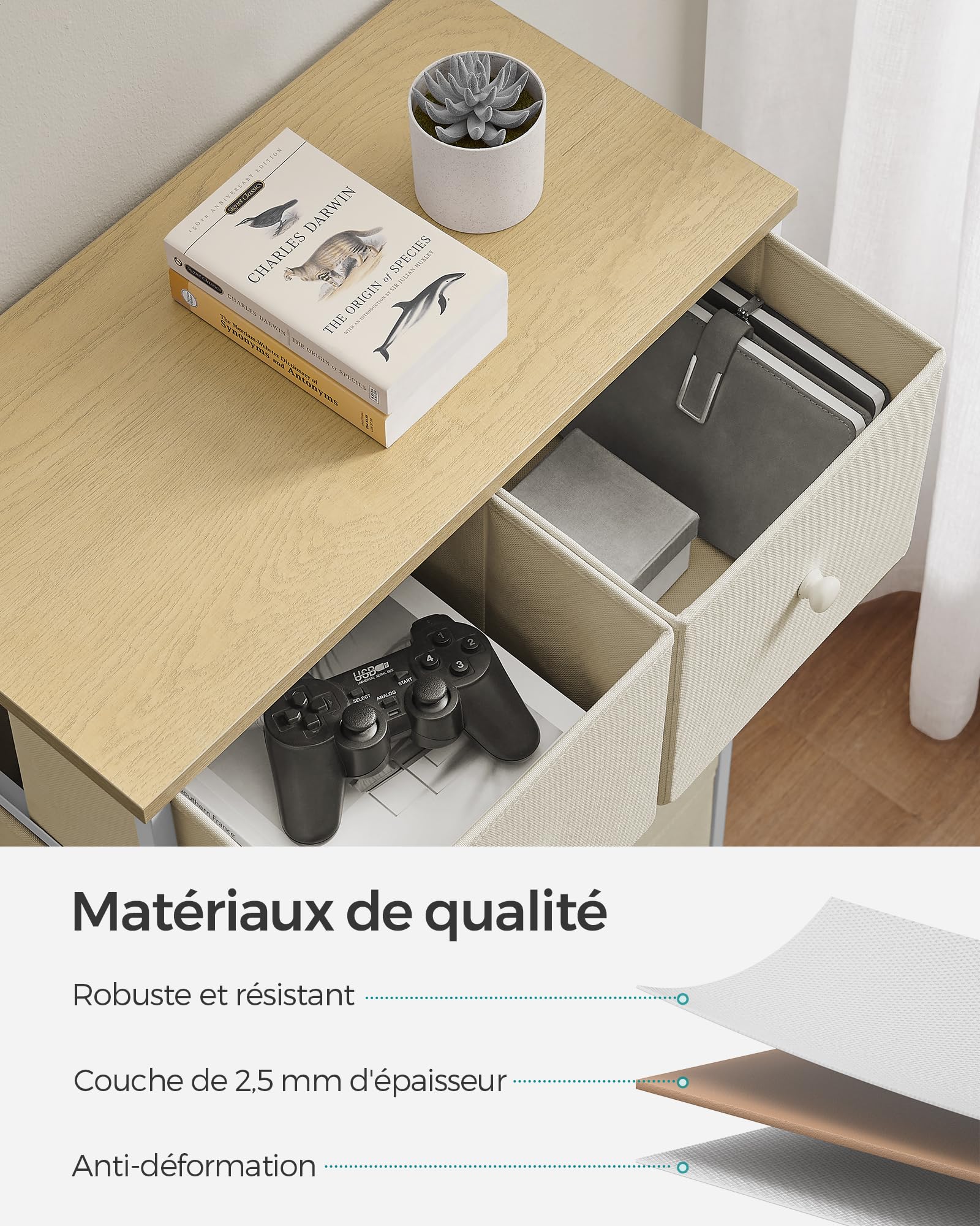 SONGMICS Commode à 5 tiroirs en Tissu pour Salon, Couloir, Chambre d'enfant, Jaune Chameau et Blanc crème LTS514W01