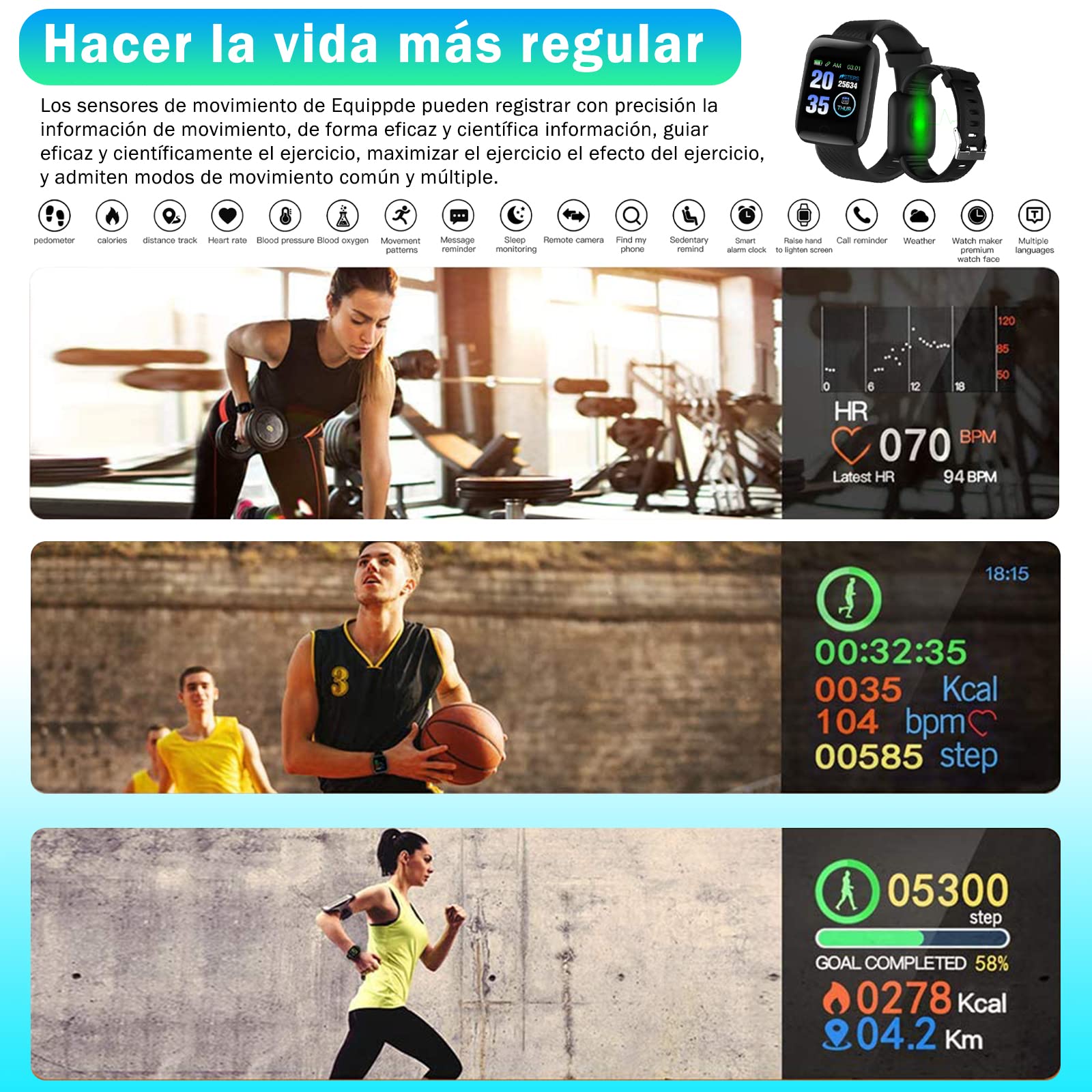 Smartwatch Fitnessarmband – 5-in-1 Met Hartslag, Bloeddruk, Zuurstof, Stappenteller, Slaapmonitor, IP67 Waterdicht, Zwarte Band