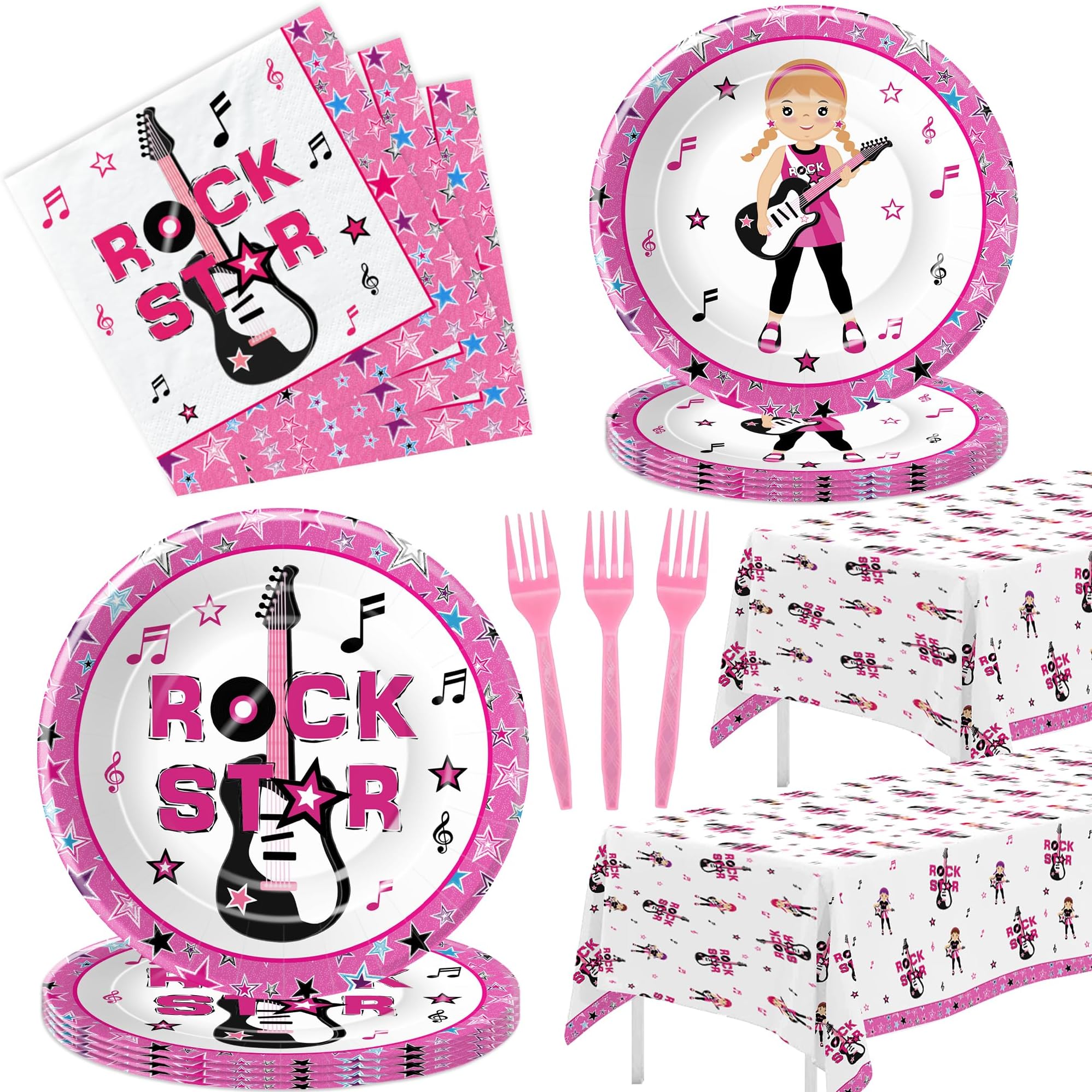 APOWBLS Rock and Roll Birthday Party Supplies For Girls - Music Theme Guitar Party Decorations Tableware, Paper Plate, Napkin, Tablecloth, Fork, Rock And Roll Party Decorations Dinnerware | Serve 24