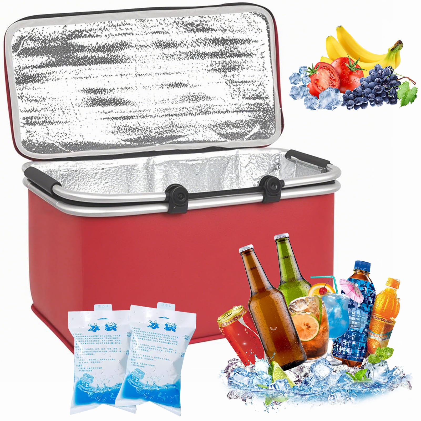 Sac Isotherme, Sac de Pique-Nique de Repas à Déjeuner, Pliable Etanche Isotherme Léger, 30L-Rouge