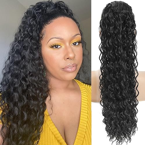 Extensión de cola de caballo con cordón para mujer, color negro, 24 pulgadas de largo, onda profunda, extensiones de cola de caballo rizadas (24