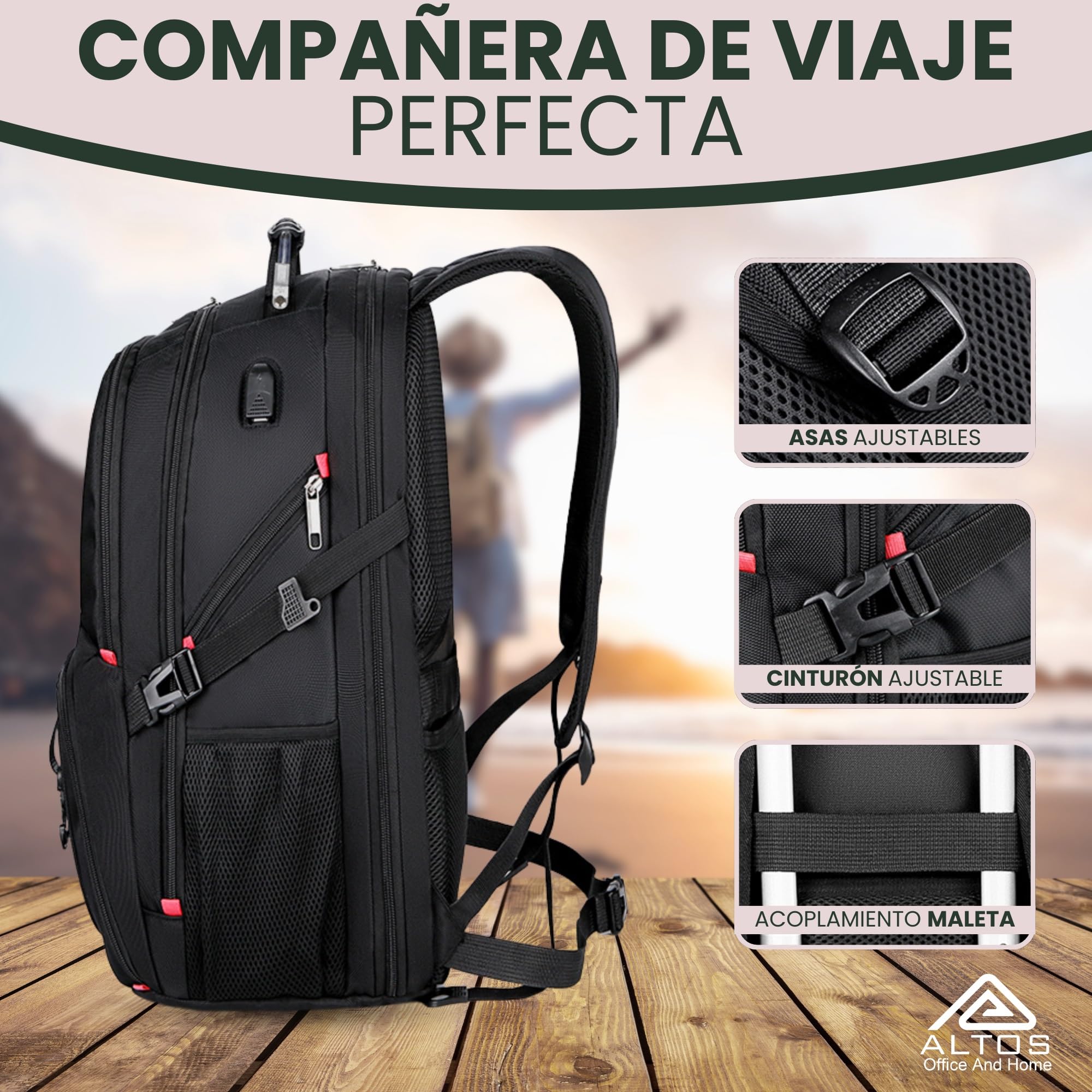 ALTOS OFFICE AND HOME Mochila para laptop de 17", viajes de negocios, estudios, Puerto USB, negra, antirrobo, ideal para senderismo, impermeable, resistente a arañazos, reforzada, GRAN CAPACIDAD,