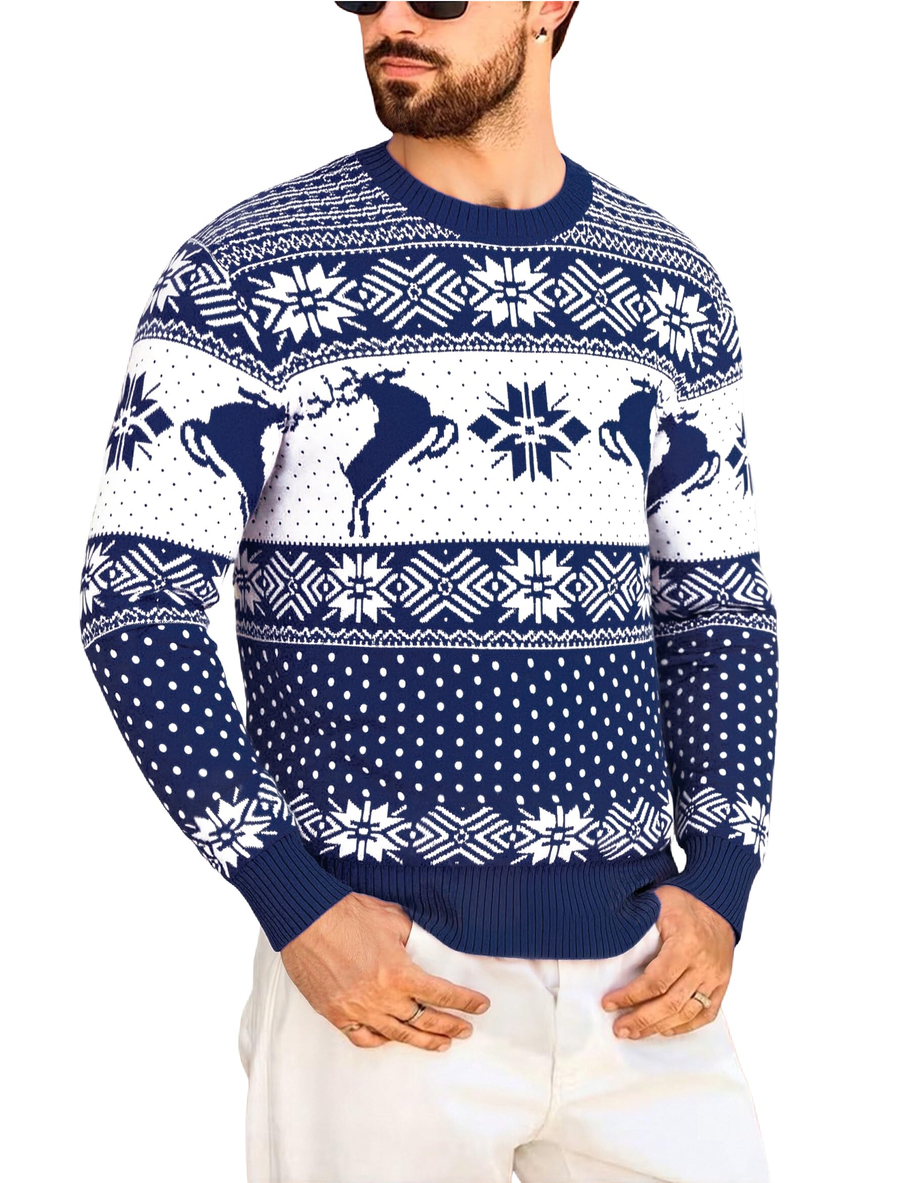 Marvmys Heren kersttrui zachte trui sneeuwvlok rendier trui ronde hals trui heren gebreide trui comfortabele en duurzame trui, C-navy Blauw, M